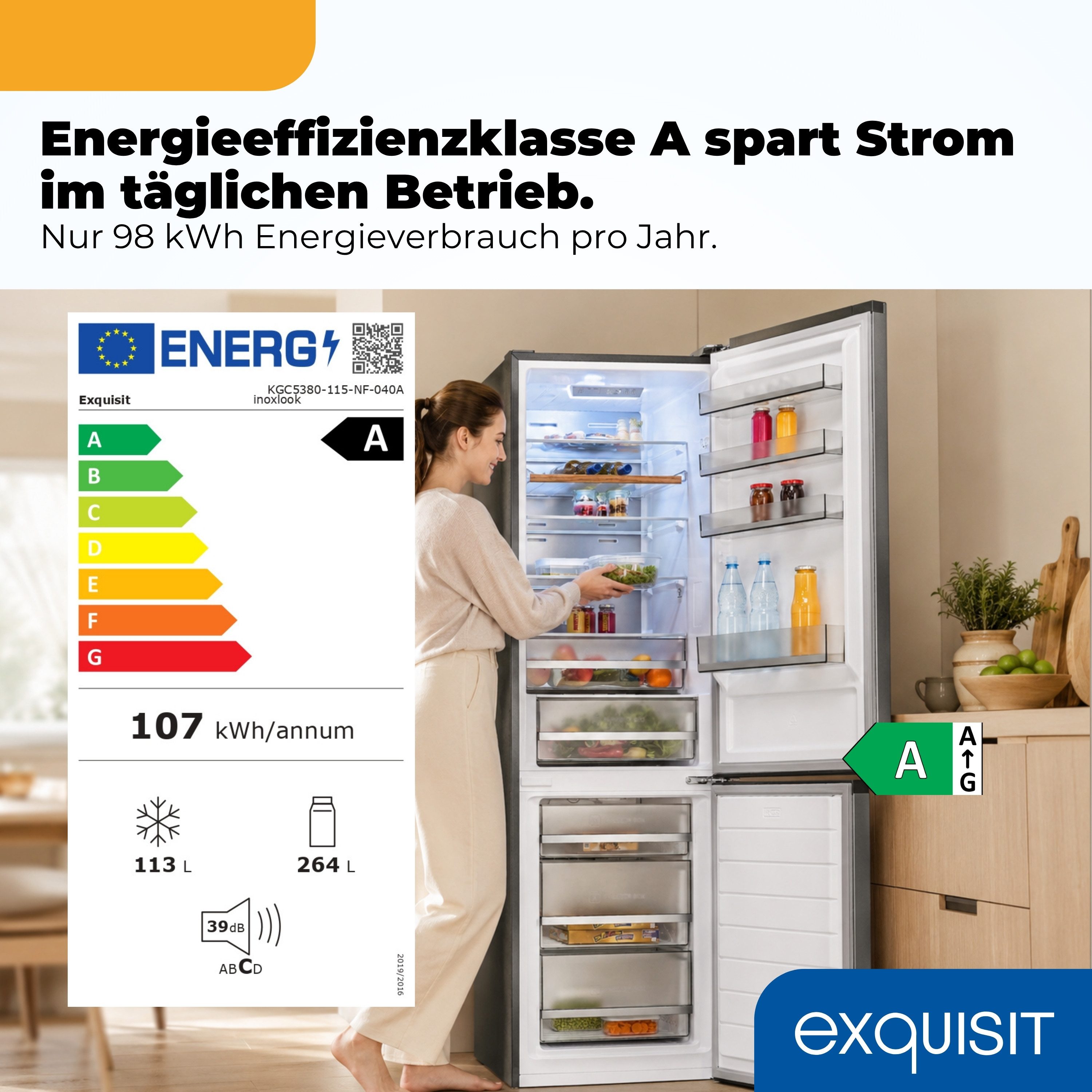 exquisit Kühl-/Gefrierkombination KGC5380-115-NF-040A, 200.5 cm hoch, 59.5 cm breit, 378 l Nutzinhalt gesamt, 4 Sternefach, Energieklasse A