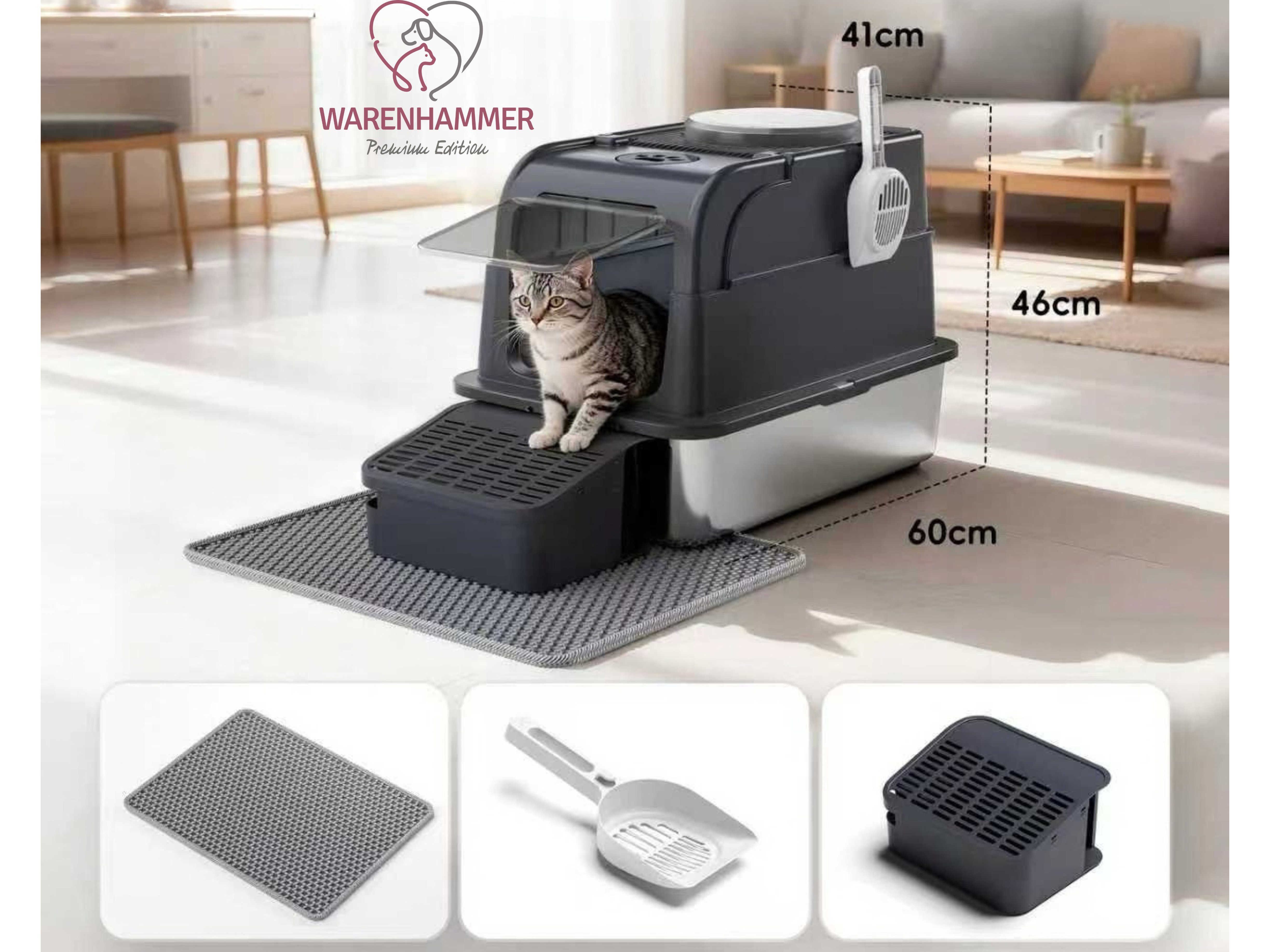 Warenhammer Katzentoilette Edelstahl - Katzenklo XXL Premium mit Deckel 3 in 1 Katzentoilette, 60 x 46 x 41 cm / komplett geschlossen / Inkl. Rampe und Streumatte