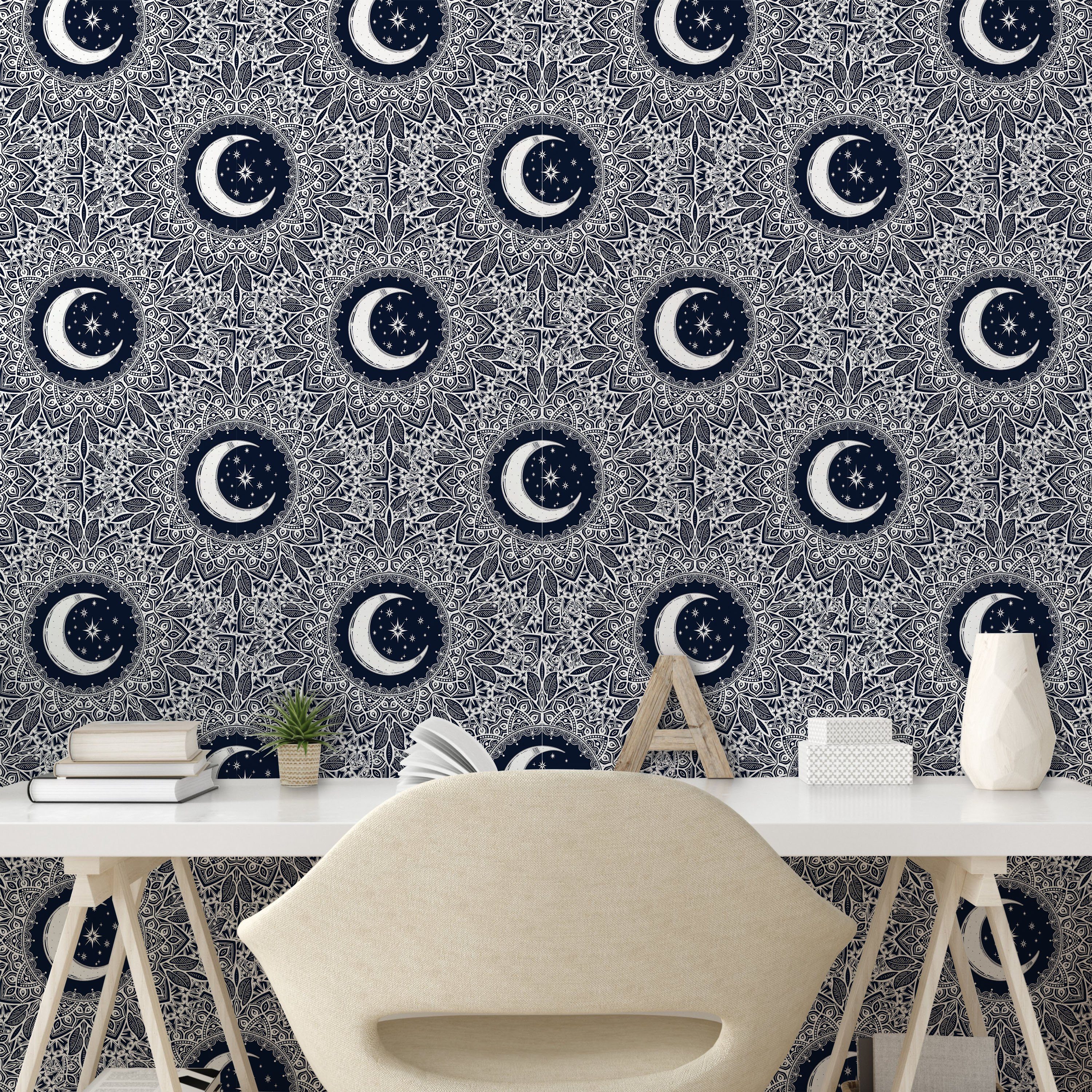 Abakuhaus Vinyltapete Wohnzimmer Abstrakt Crescent Küchenakzent, Mond-Stern-Blätter selbstklebendes