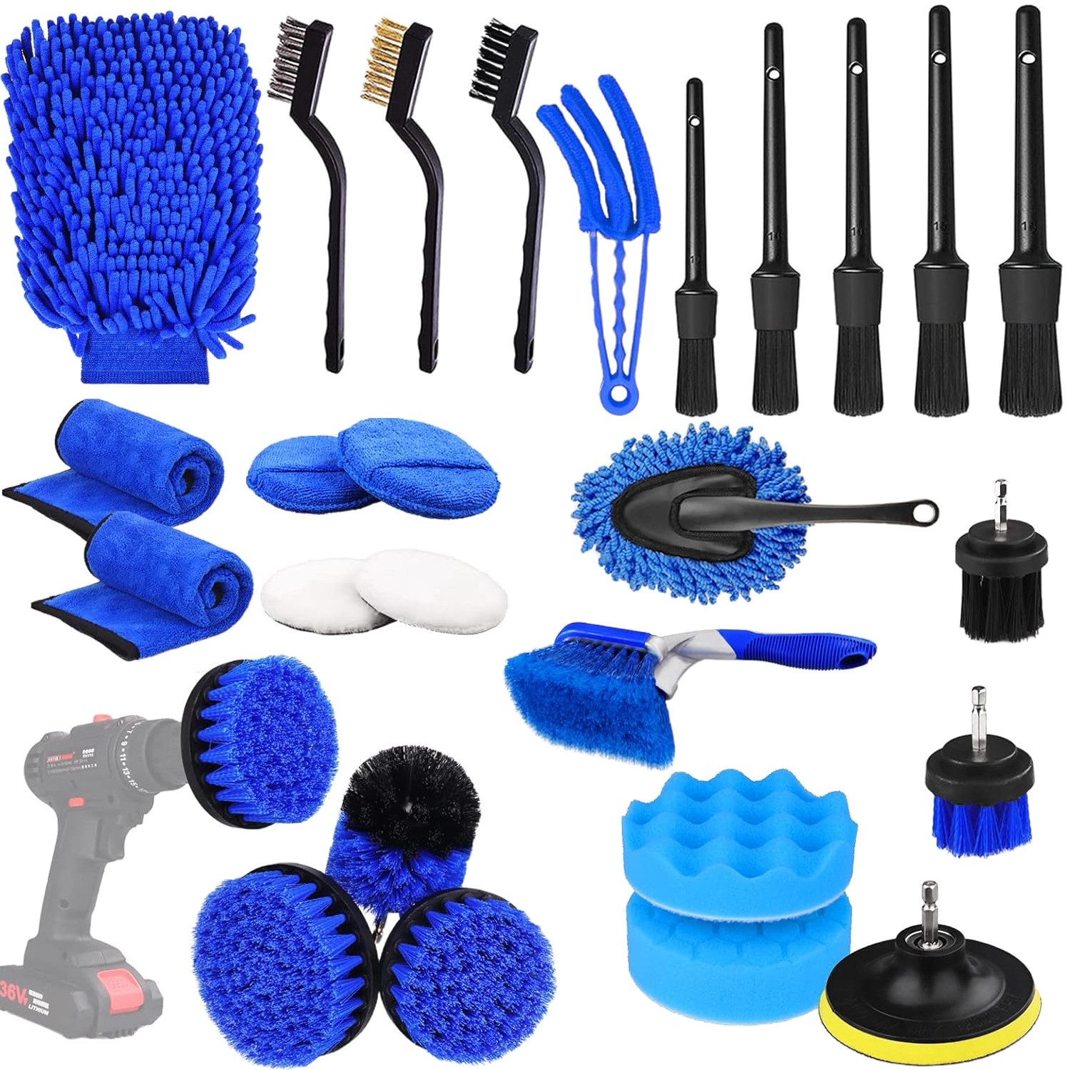 Refined Living Autowaschbürste 26-teiliges Auto-Reinigungsbürsten-Set Auto-Detailing-Pinsel-Set, (Auto-Zubehör Auto-Reinigungswerkzeug-Set für Innenbereich Außen, Räder, 26-tlg., für Auto, LKW, Motorrad, Boot uvm, Haushaltsreinigung), Auto-Polierschwamm-Pads Auto-Detaillierungs-Pinsel-Set Geschenk