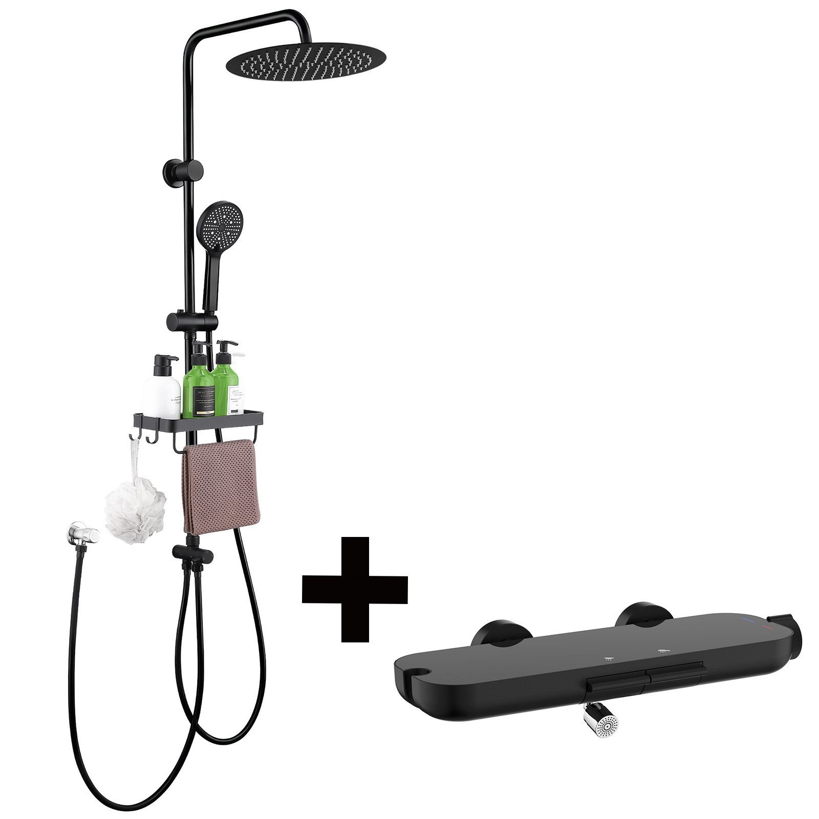 HOMELODY Duschsystem mit Badewannenarmatur Glasablage Regendusche Schwarz, 30 cm runde Regendusche, 5 Strahlarten, Ablage & Schwenkauslauf