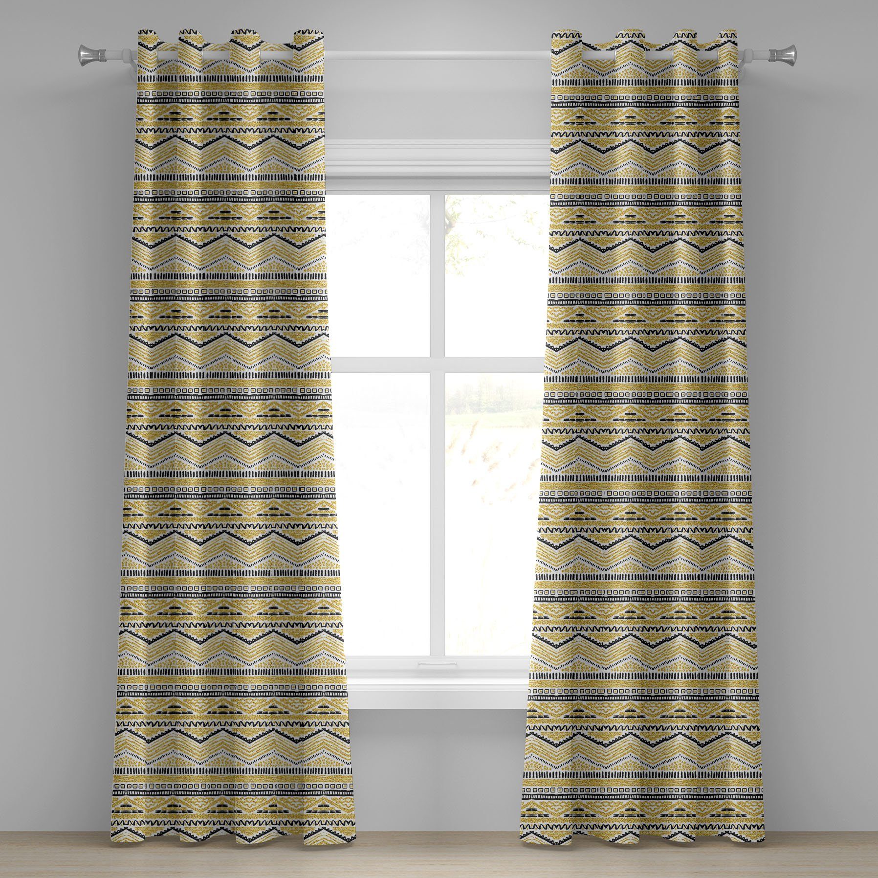 Gardine Dekorative 2-Panel-Fenstervorhänge für Schlafzimmer Wohnzimmer, Abakuhaus, Gelb und Schwarz Zig Zag Linien
