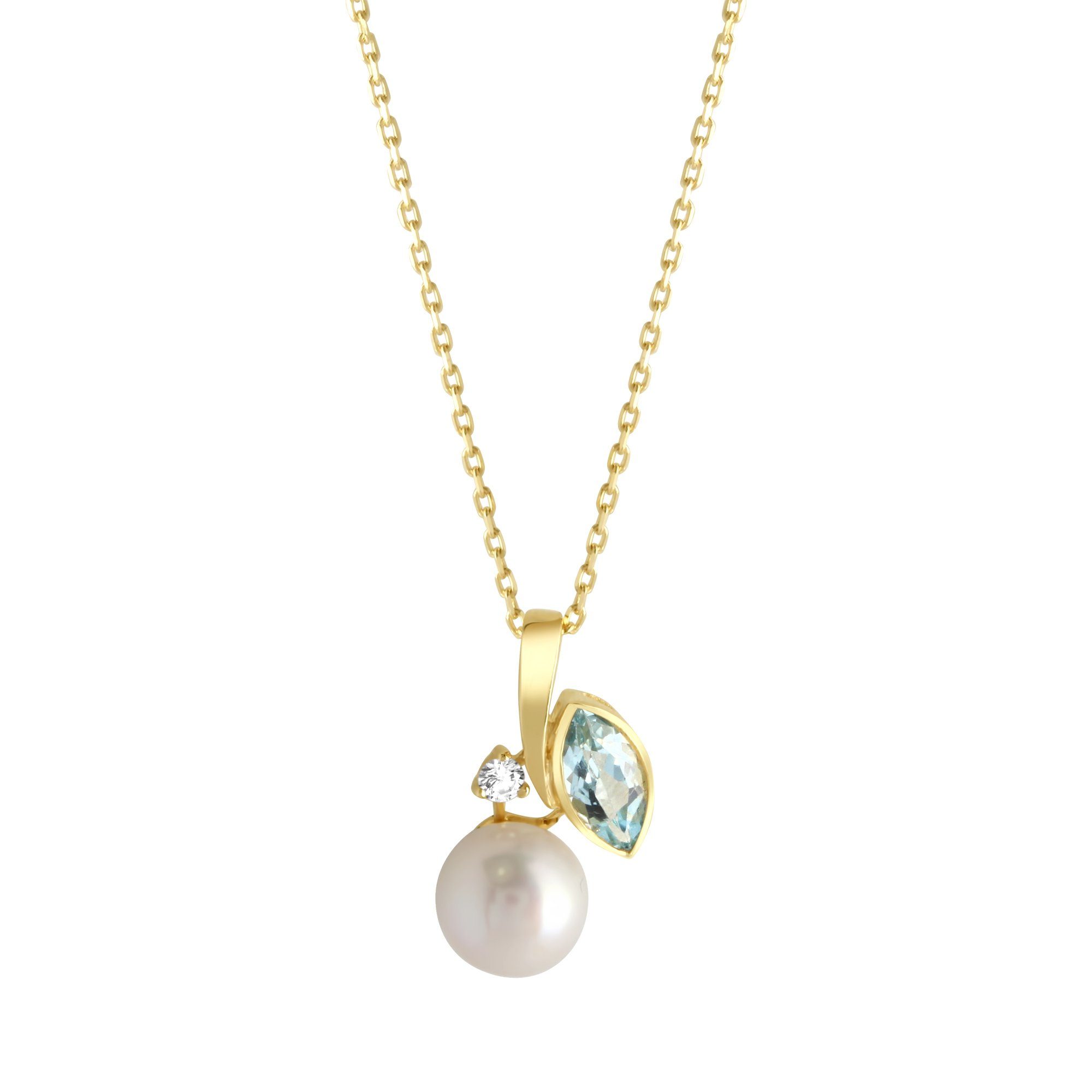 Fascination by Ellen K. Kette mit Anhänger 375 Gold mit Blautopas (beh), Perle wei und Zirkonia