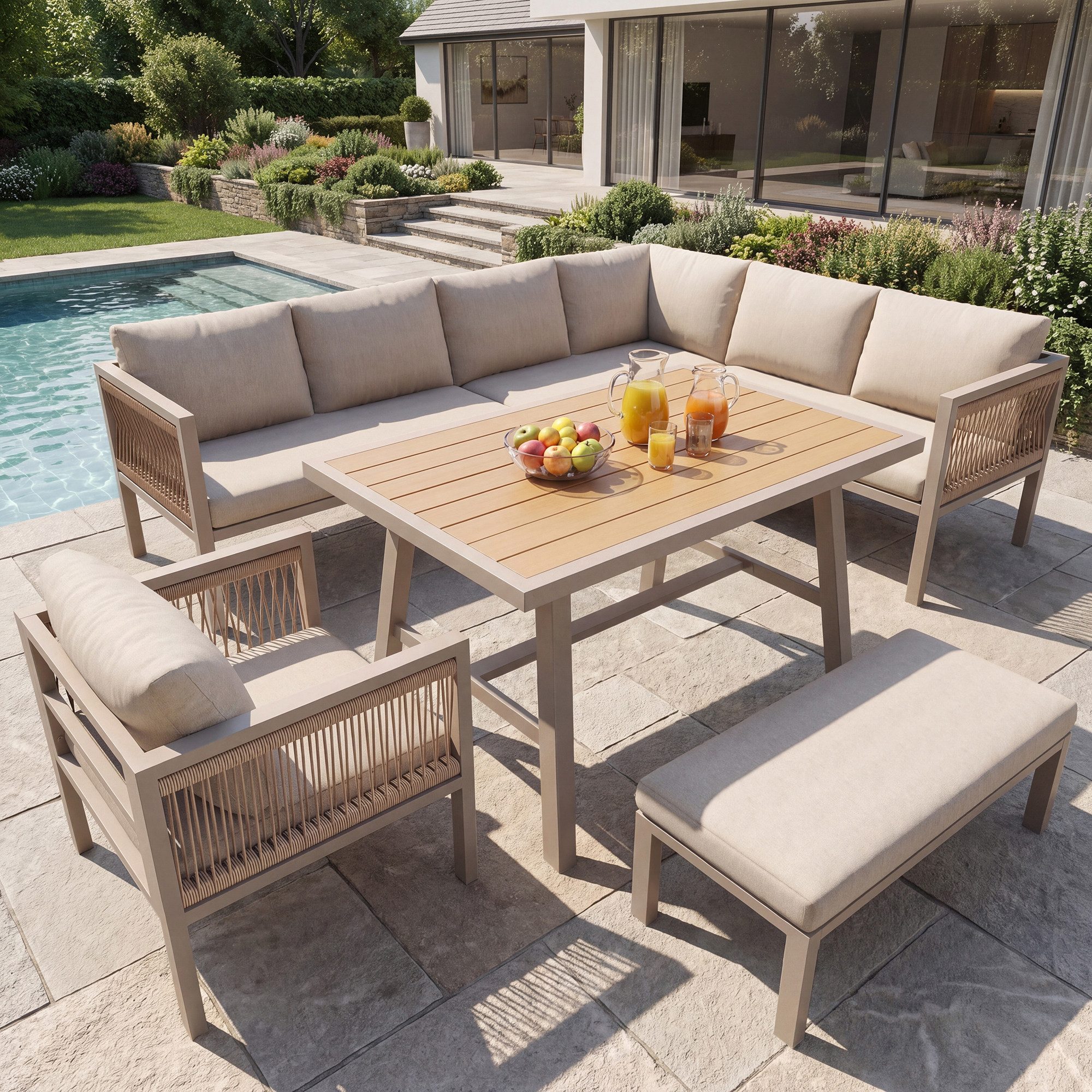 Flieks Gartenlounge-Set, 9-Sitzer Gartenmöbelset Ecksofa mit Tisch & Hocker, geflochtenes Seil