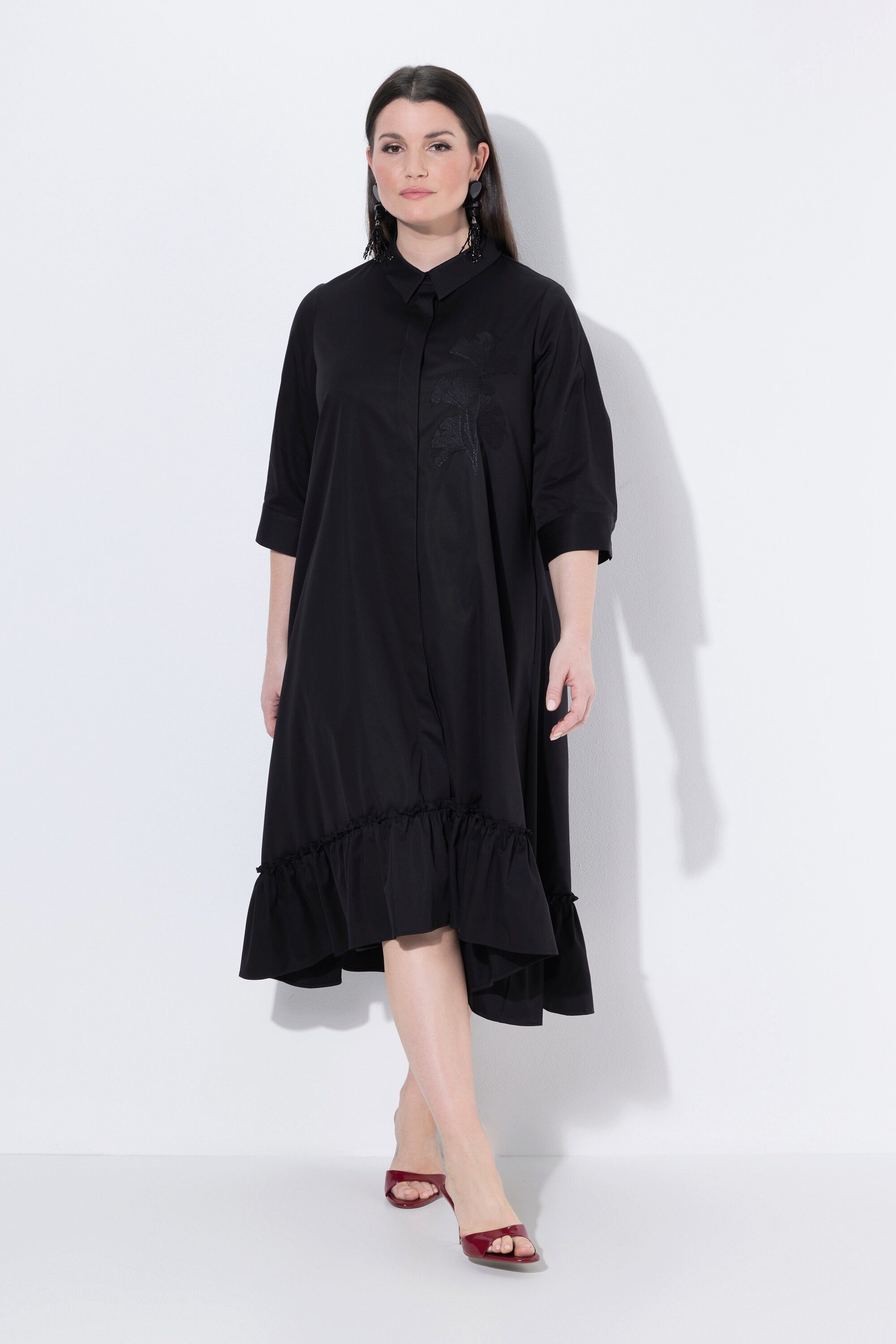 Ulla Popken Maxikleid Maxikleid Ginkgo-Stickerei Hemdkragen 3/4-Arm