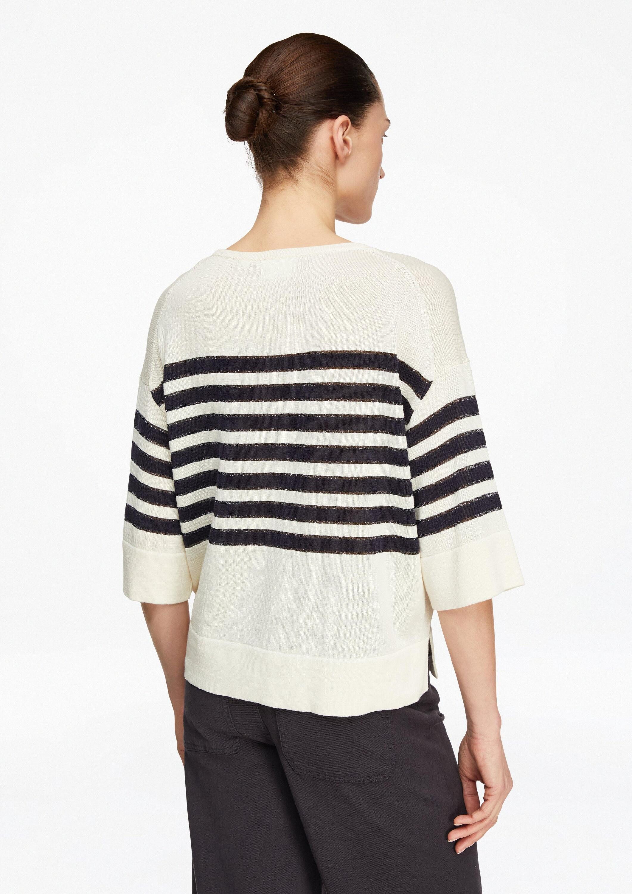 comma Kurzarmpullover Strickpullover Gestreifter Feinstrickpullover mit dezentem Glitzergarn