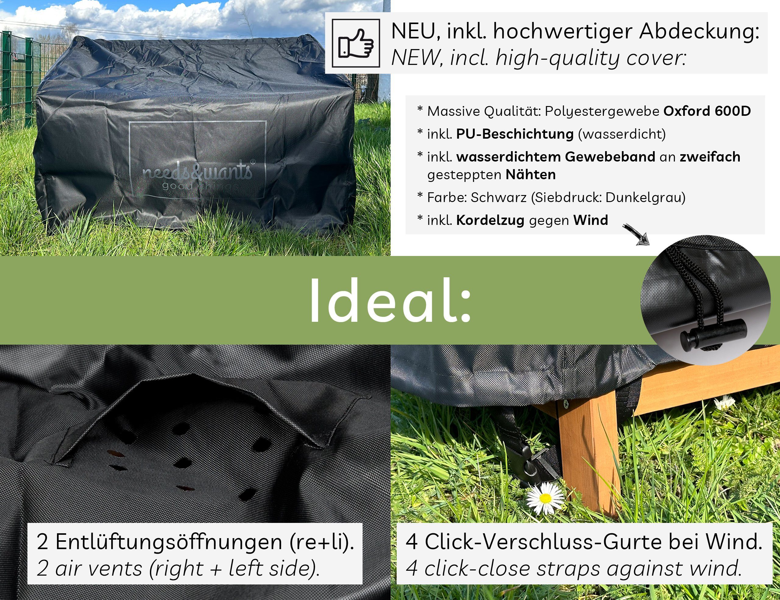 needs&wants® Gartenbank Holz wetterfest mit Stauraum, Truhenbank Holzbank Sitzbank Truhe braun, mit Textil Abdeckung 2-Sitzer Parkbank Garten Outdoor klassisch massiv