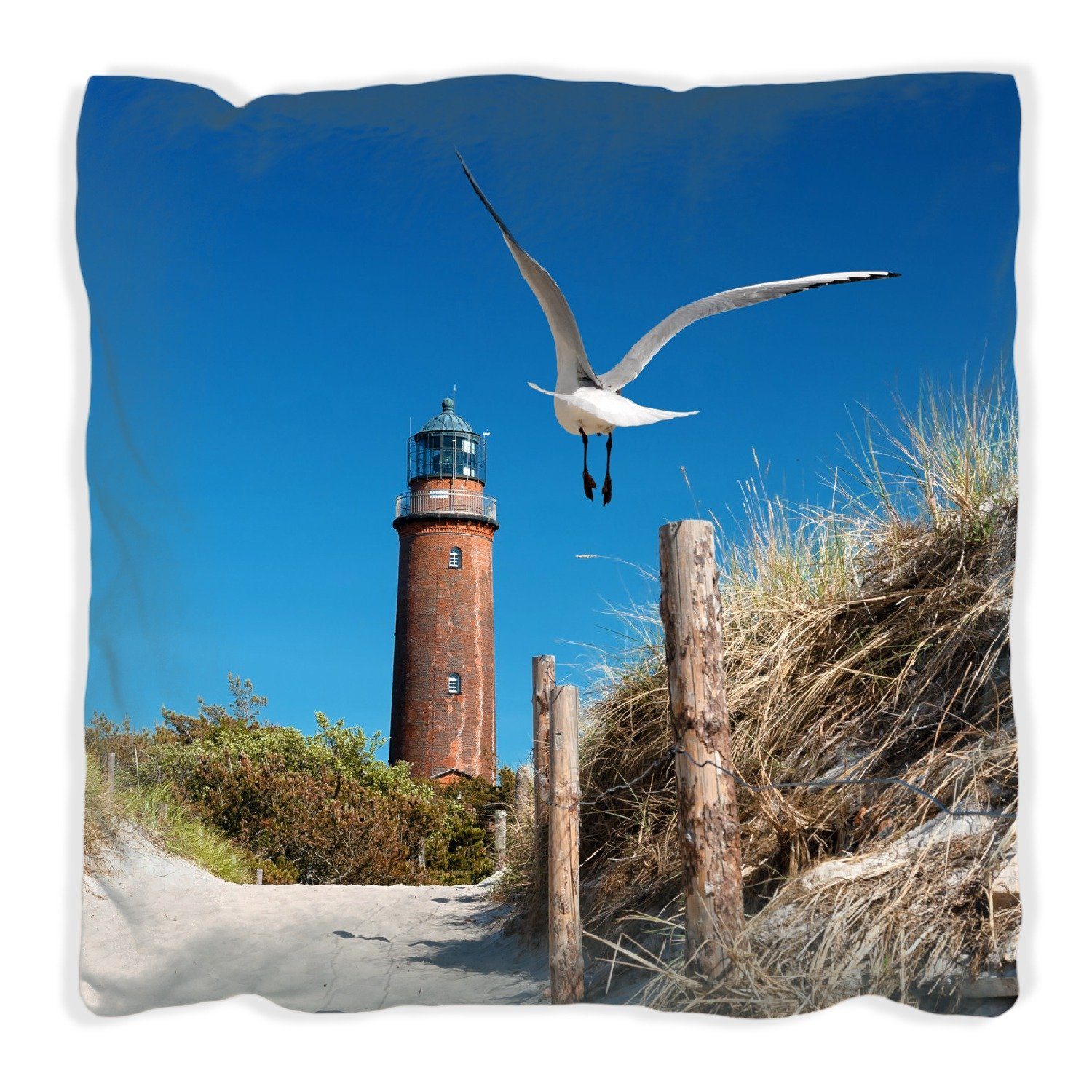 Wallario Dekokissen Möwe am Strand mit Leuchtturm, handgenäht | Dekokissen