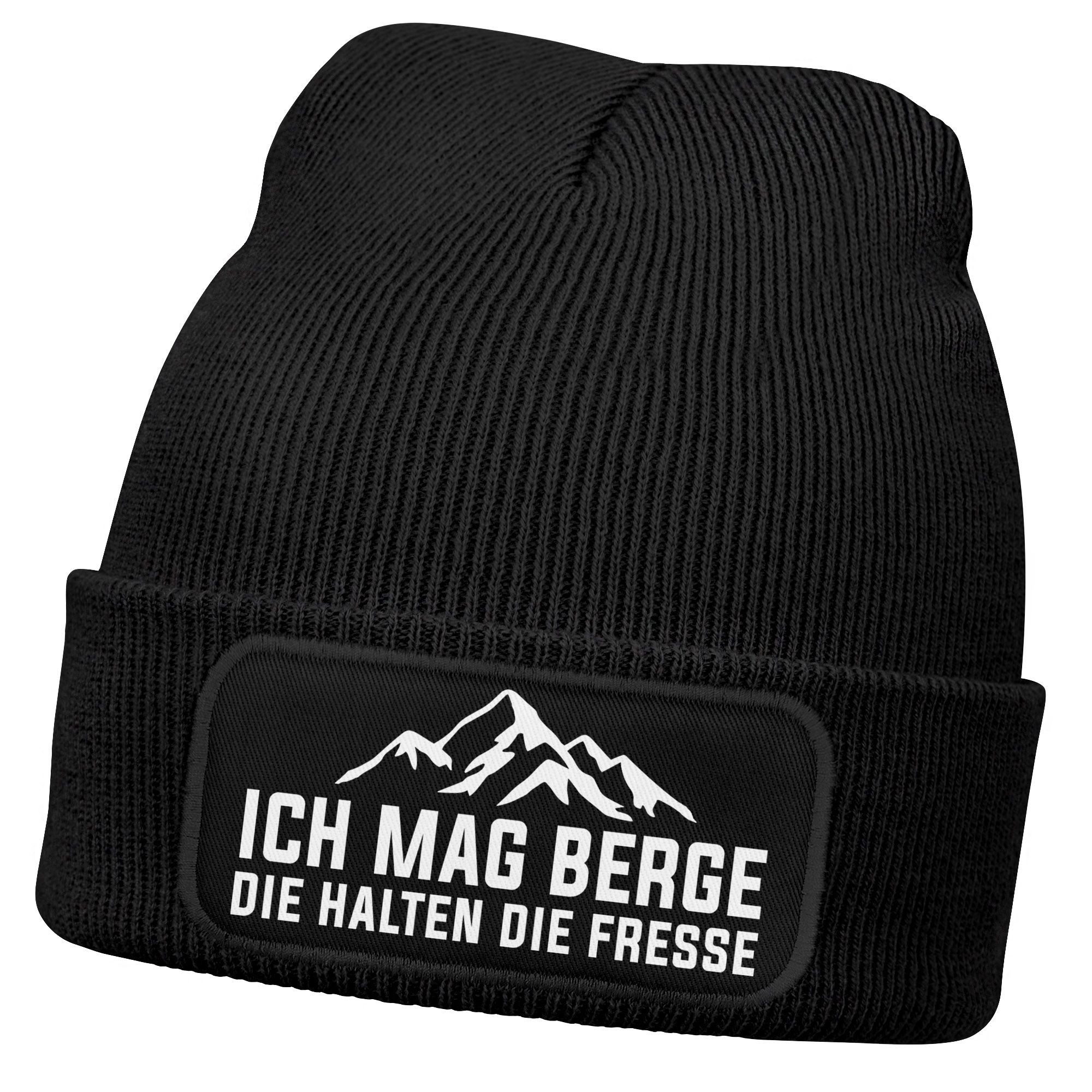 Strickmütze Damen Beanie Strickmütze mit Patch Ich mag Berge Spruch Aufdruck