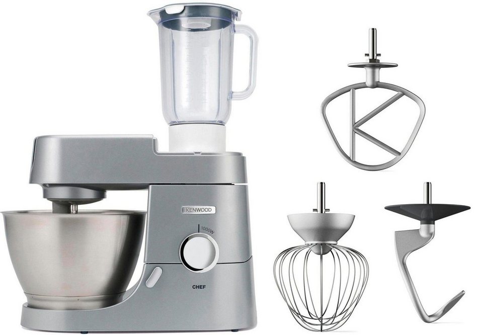 KENWOOD Küchenmaschine Chef KVC3110S, 1000 W, 4,6 l Schüssel, 3  Rührelemente: K-Haken, Schneebesen, Knethaken und 1,5 l Acryl-Mixaufsatz