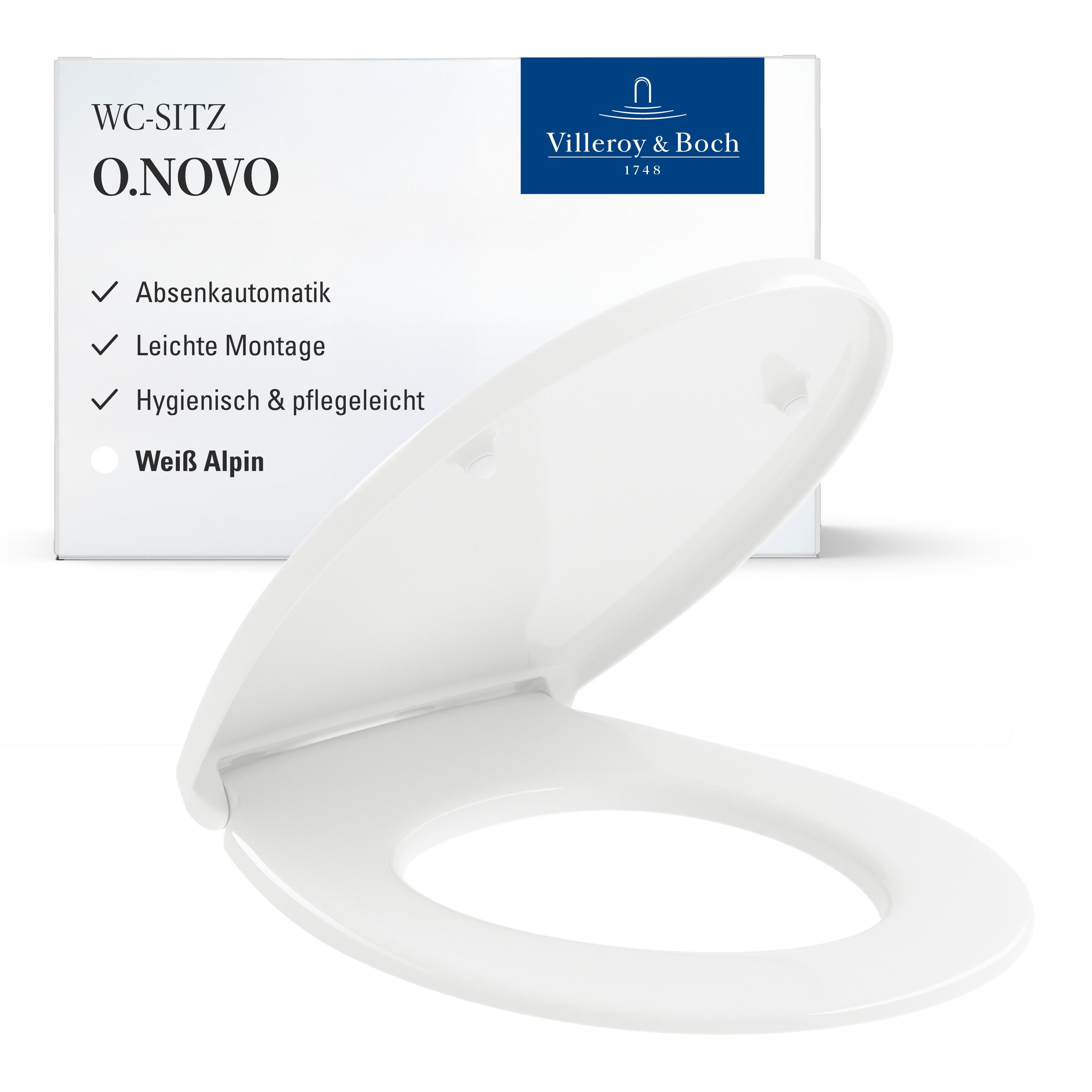 Villeroy & Boch WC-Sitz O.novo, Toilettendeckel mit Absenkautomatik, aus Duroplast, oval, Weiß Alpin