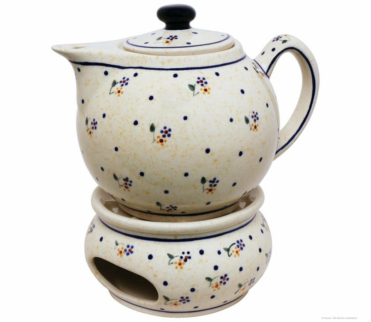 Bunzlauer Keramik Teekanne 1 Liter Teekanne mit Stövchen – Moderne, abgerundete Form, Dekor 111, 1,00 l