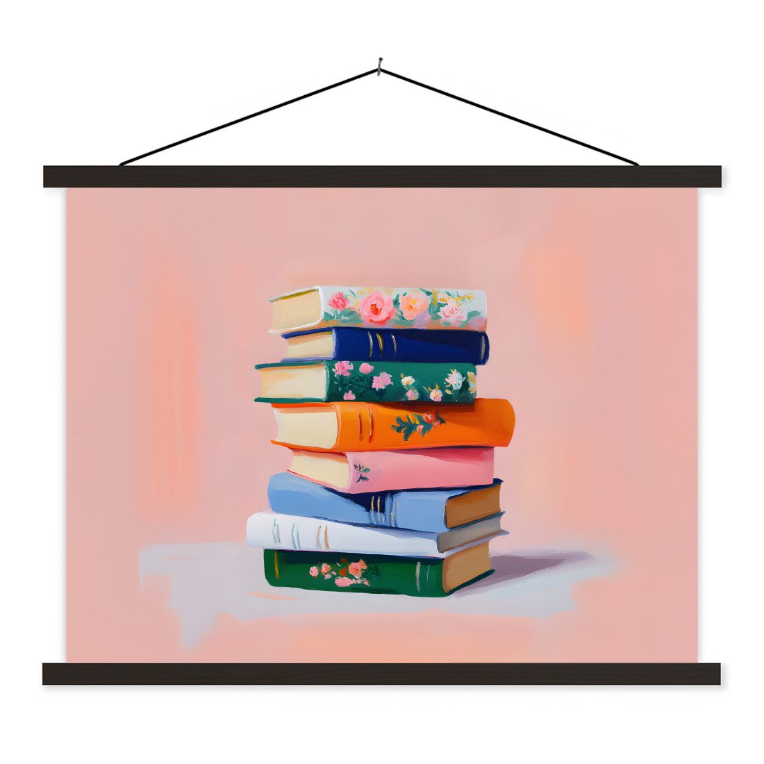 MuchoWow Poster Bücher - Stapel - Bunt, (1 St), Magnetische Posterleiste, Holzleisten, Textilposter, 40x30 cm