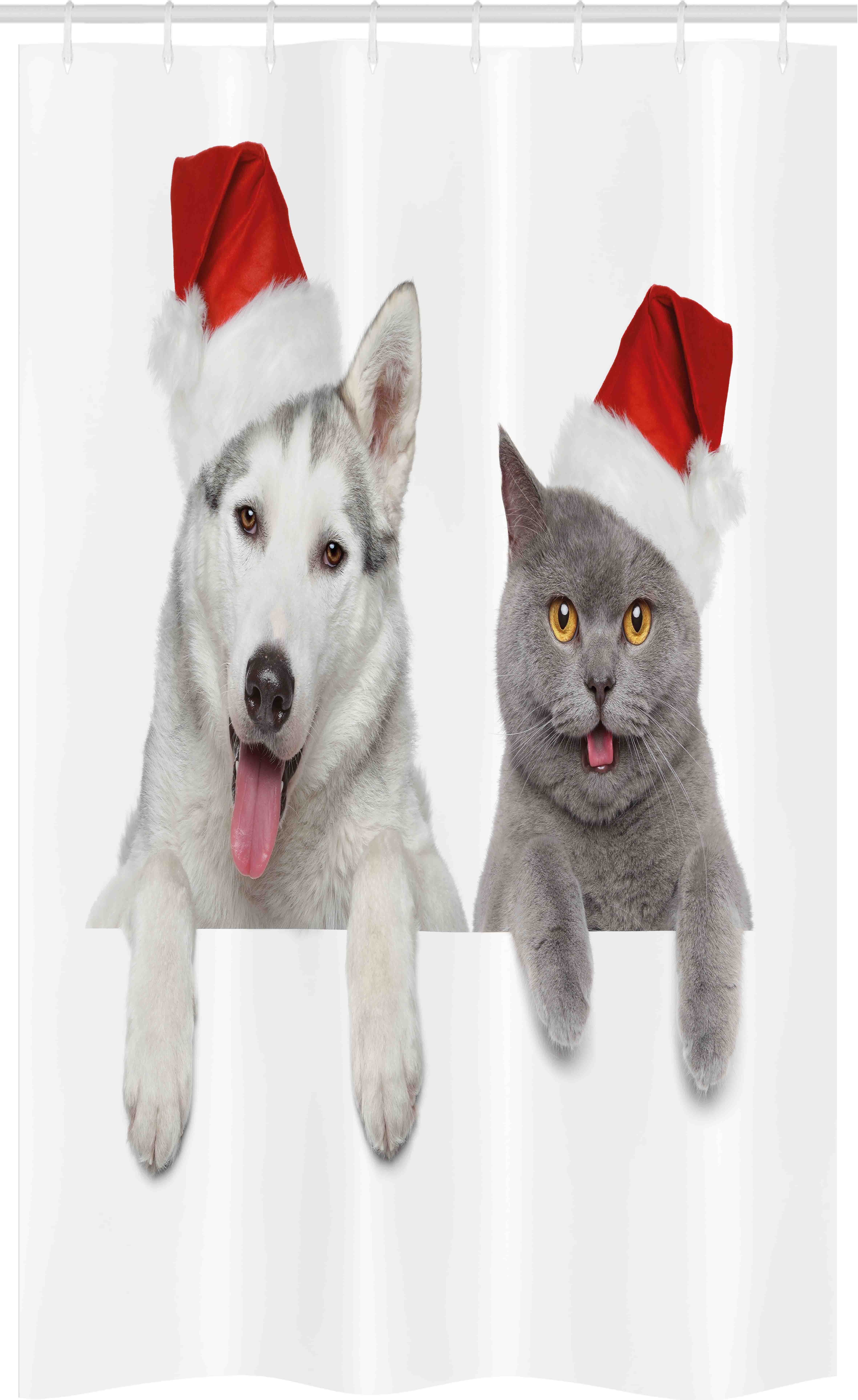 Abakuhaus Duschvorhang Badezimmer Deko Set aus Stoff mit Haken Breite 120 cm, Höhe 180 cm, Weihnachten Tiere Rotmützen
