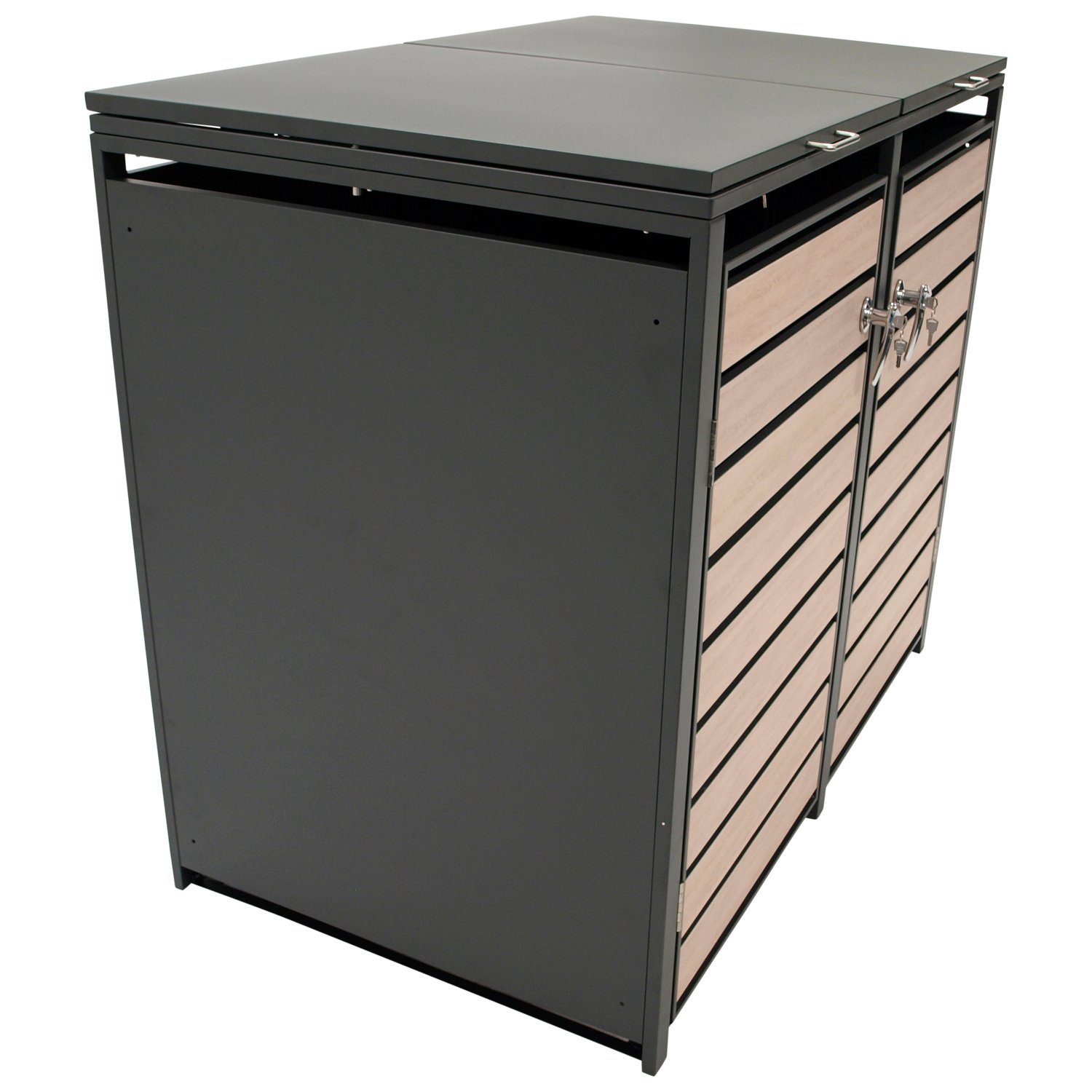 DEGAMO Mülltonnenbox BERLIN (1 St), Stahl grau, Türen in Holzoptik, für 2 Tonnen 120 oder 240 Liter