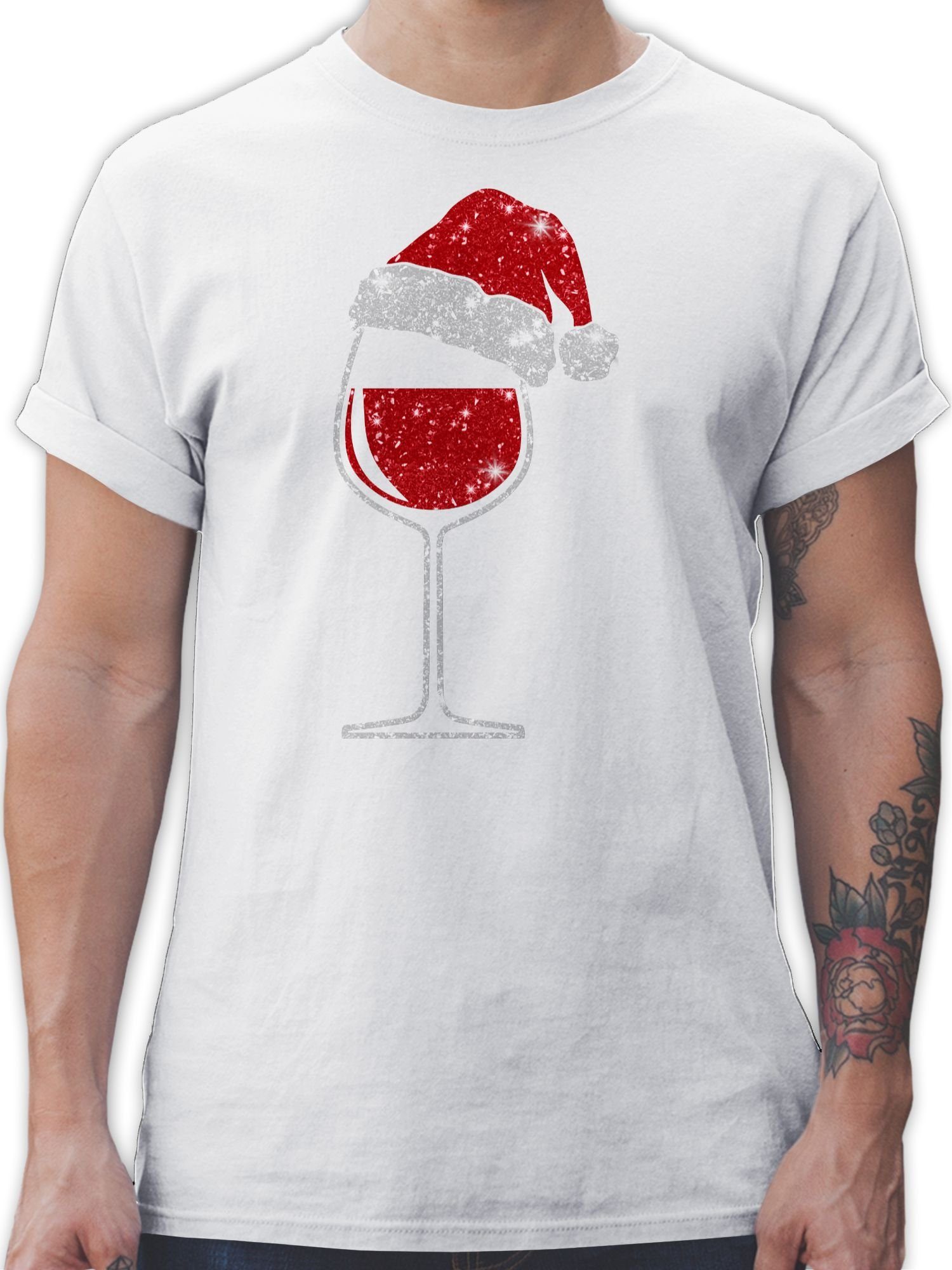 Shirtracer T-Shirt Weinglas mit Weihnachtsmütze Weihachten Kleidung 02 Weiß