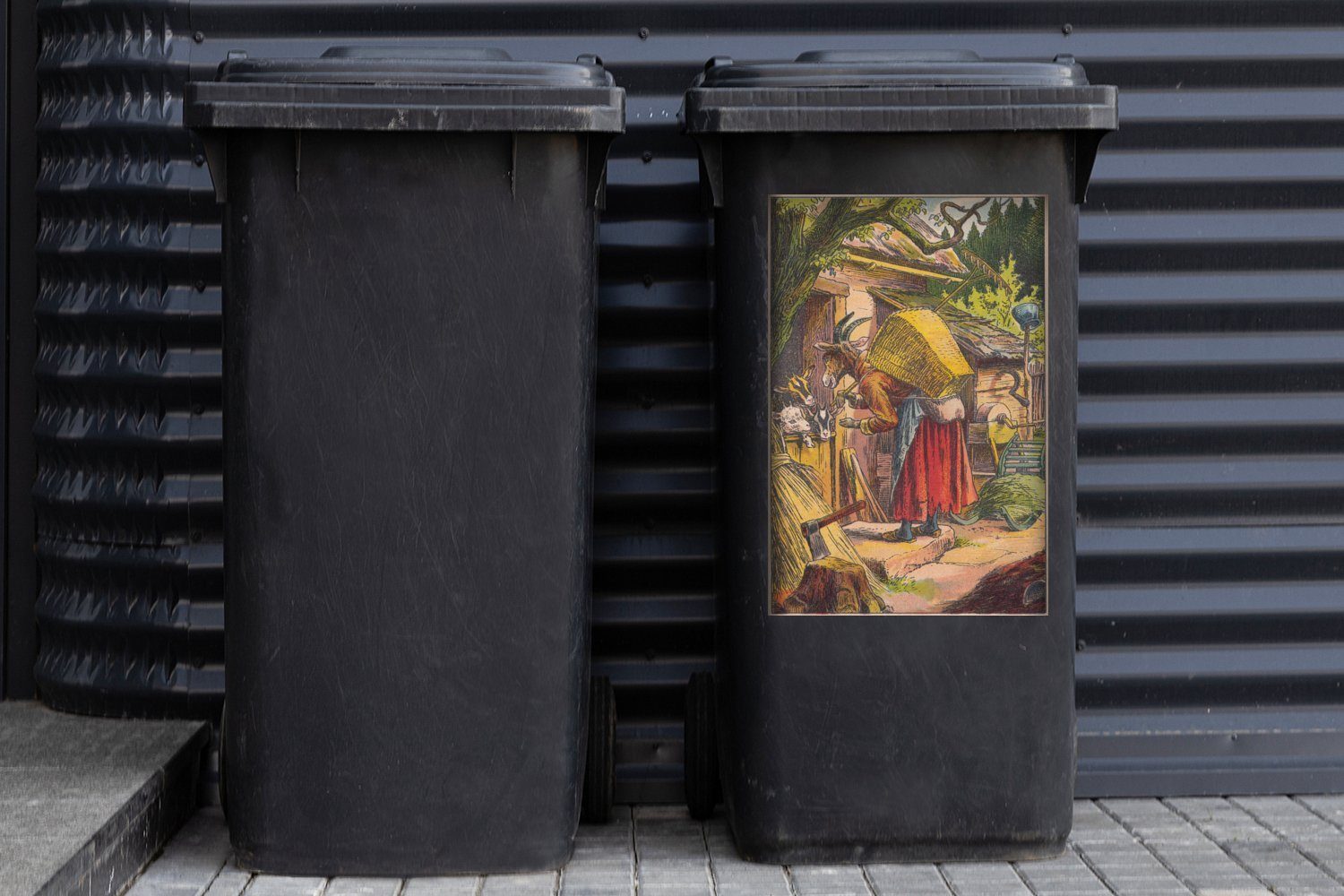 MuchoWow Wandsticker Illustration des St), Mülltonne, (1 und Sticker, Abfalbehälter der sieben Ziegen Mülleimer-aufkleber, Container, Wolfs