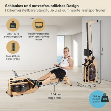 Skandika Rudergerät Holzrudergerät Styrke, Set mit Matte, Rudergerät Wasser aus Holz, Kinomap App-Funktion