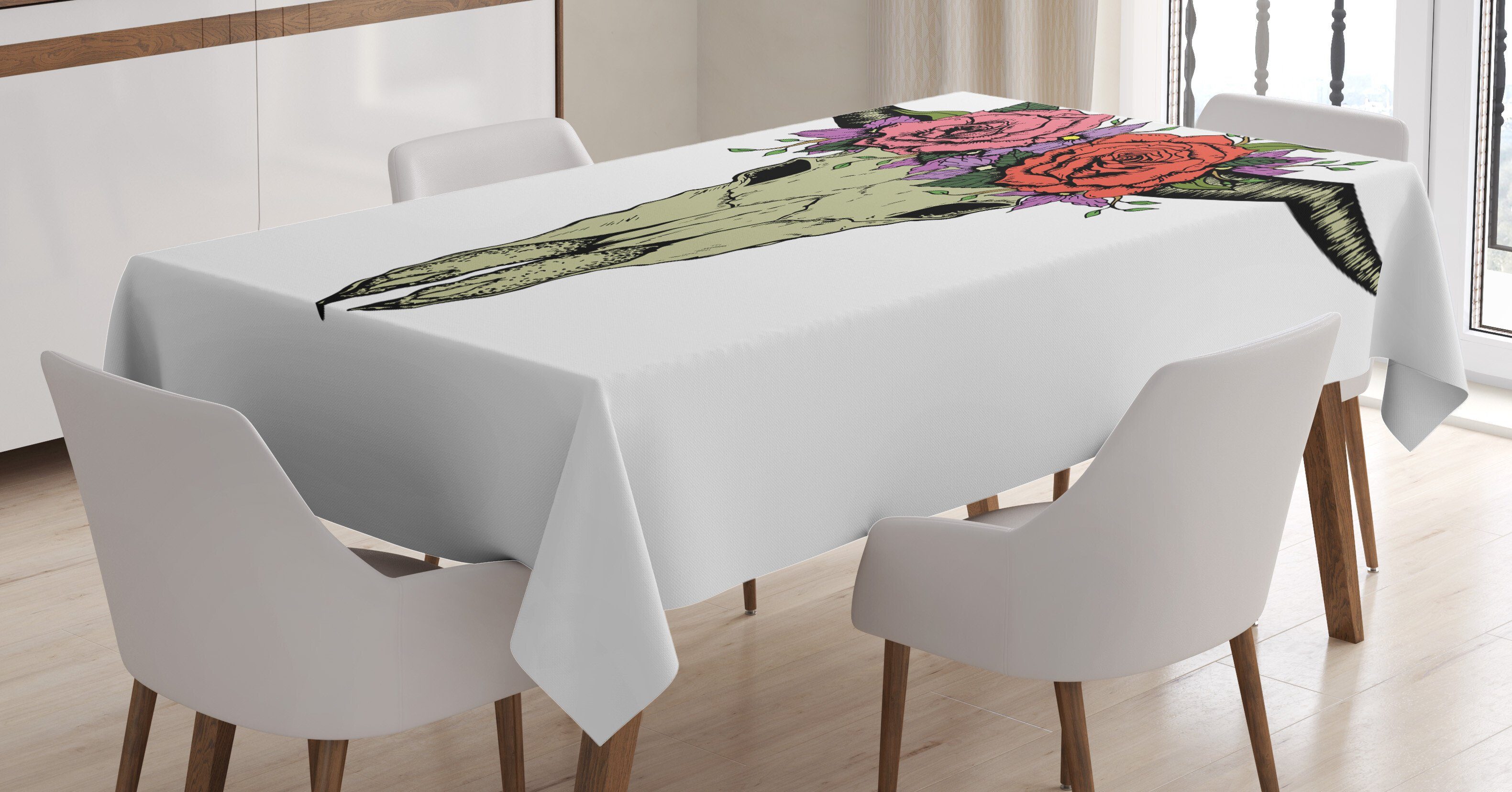 Abakuhaus Tischdecke Farbfest Waschbar Für den Außen Bereich geeignet Klare Farben, Büffel Bison-Schädel mit Blumen