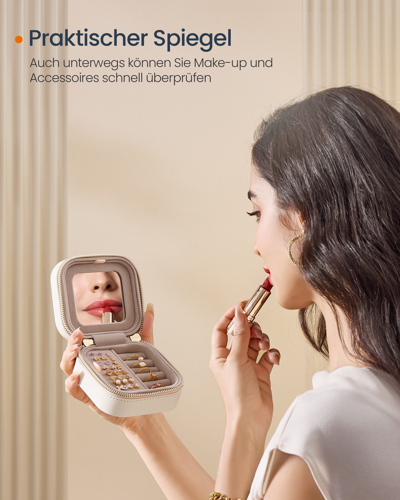 SONGMICS HOME Schmuckkasten Reise, Schmuckbox klein, PU mit Nähten, Reißverschluss, Geschenkidee – Bild 4 von 5