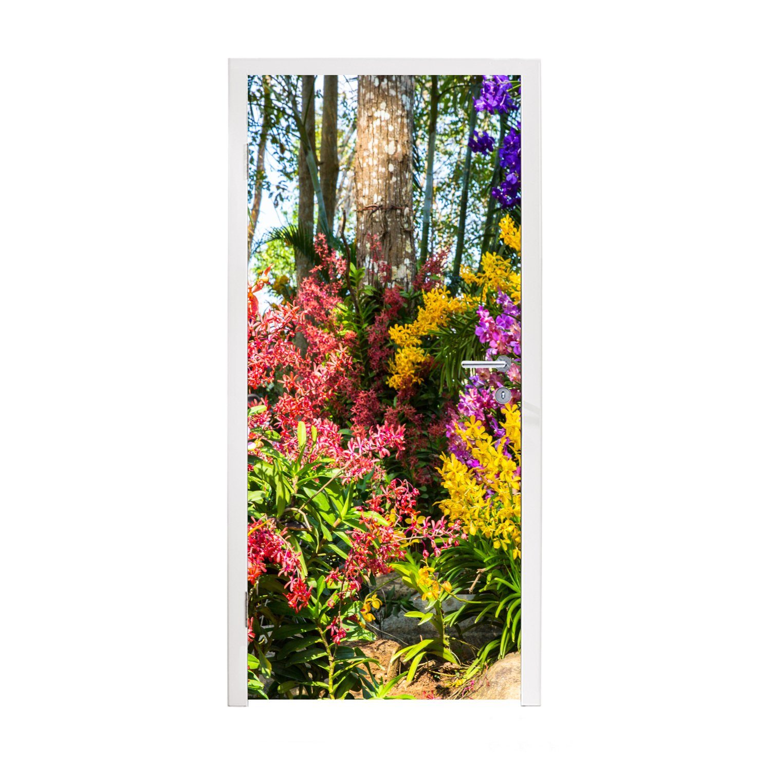 MuchoWow Türtapete Blumen - Regenbogen - Wald - Jahreszeiten, Matt, bedruckt, (1 St), Fototapete für Tür, Türaufkleber, 75x205 cm