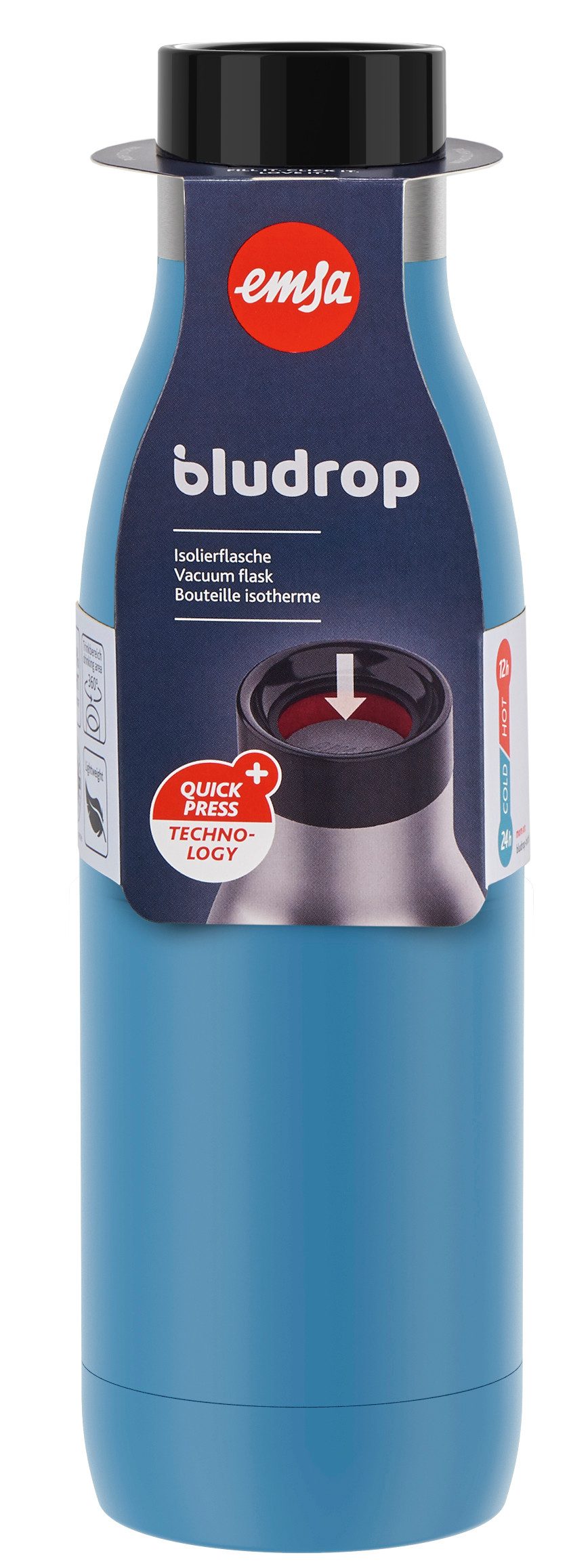 Emsa Isolierflasche Trinkflasche Bludrop, Edelstahl, Quick-Press Deckel, 360° Trinkgenuss, 12h warm/24h kühl