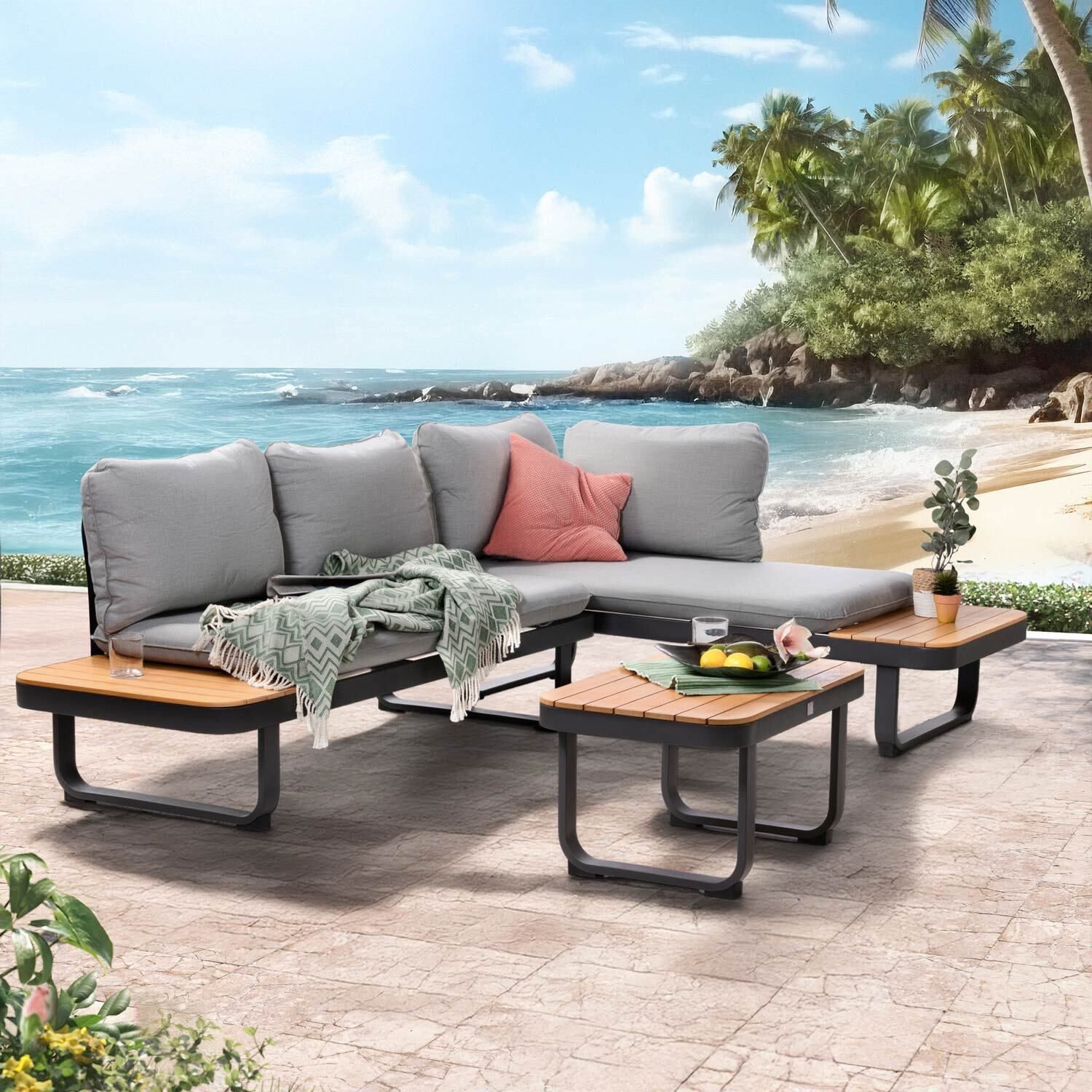 OUTLIV. Loungeset OUTLIV. Madagaskar Ecklounge inkl. Loungetisch Anthrazit/Dunkelgrau, Bezug: Polyester, Ablagen: Akazie, Rostfrei, Witterungsbeständig