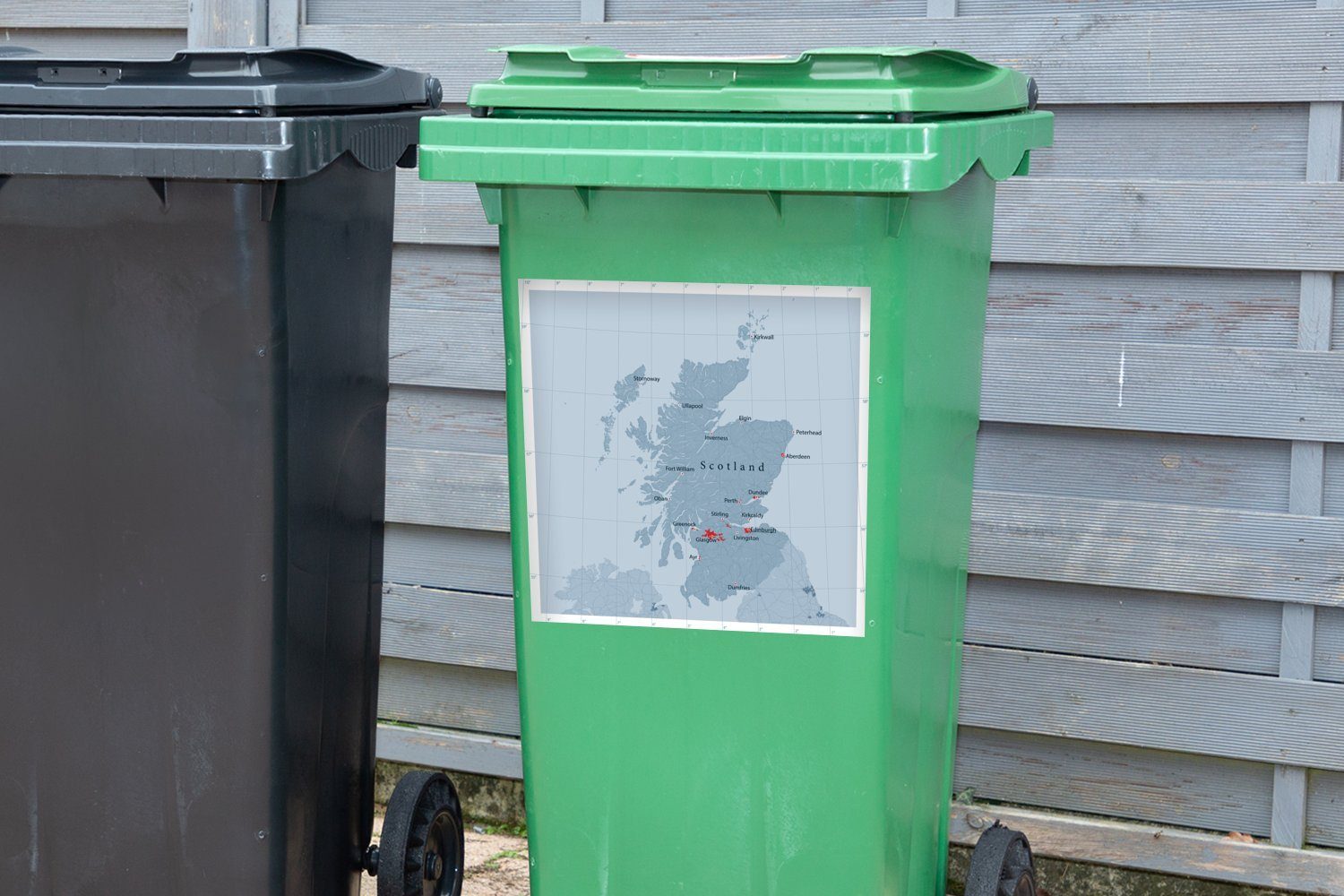 MuchoWow Wandsticker Blaue Karte von Abfalbehälter mit Mülleimer-aufkleber, Sticker, St), Schottland Container, den wichtigsten Städten (1 Mülltonne