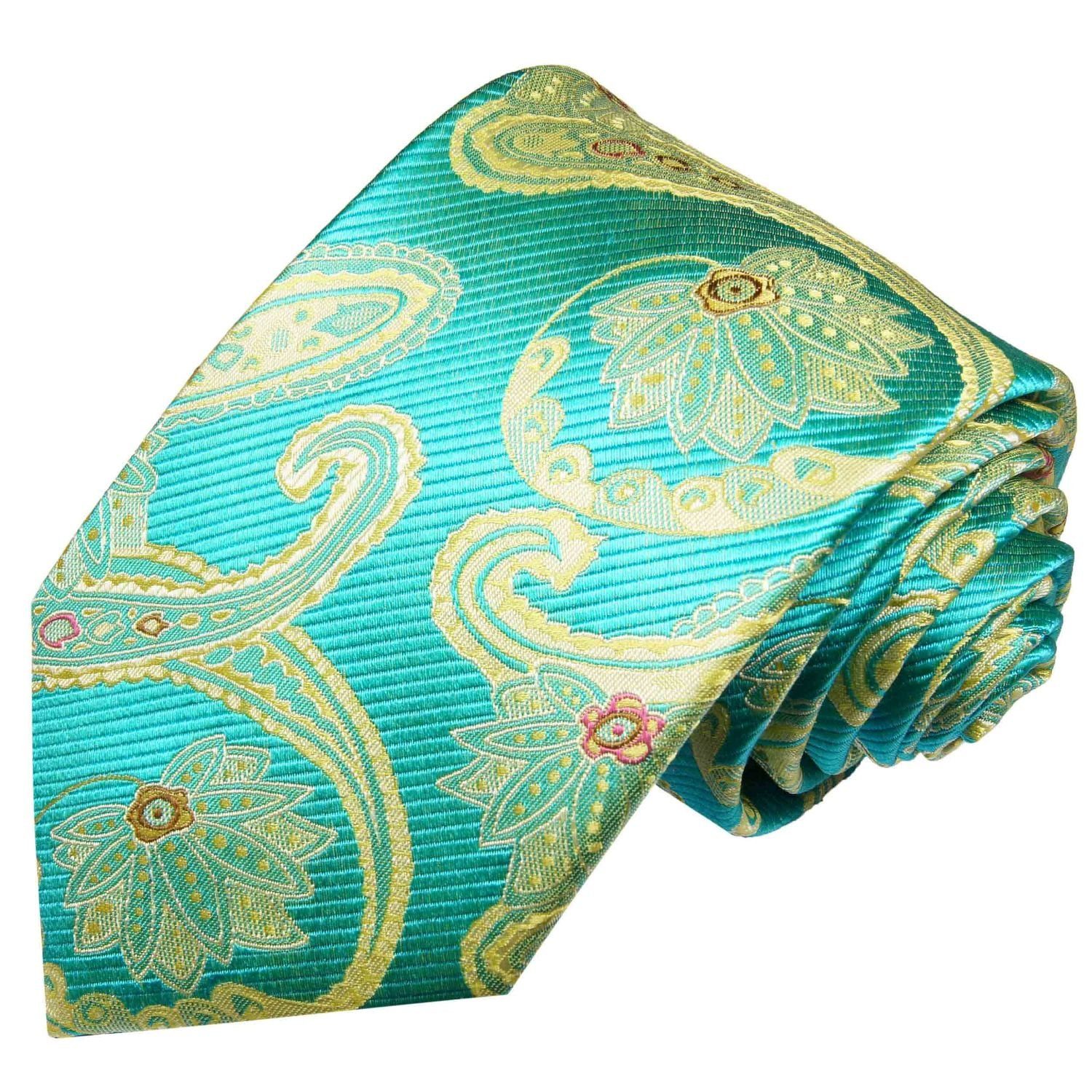 Paul Malone Krawatte Elegante Seidenkrawatte Herren Schlips paisley brokat 100% Seide Breit (8cm), türkis gelb 2024