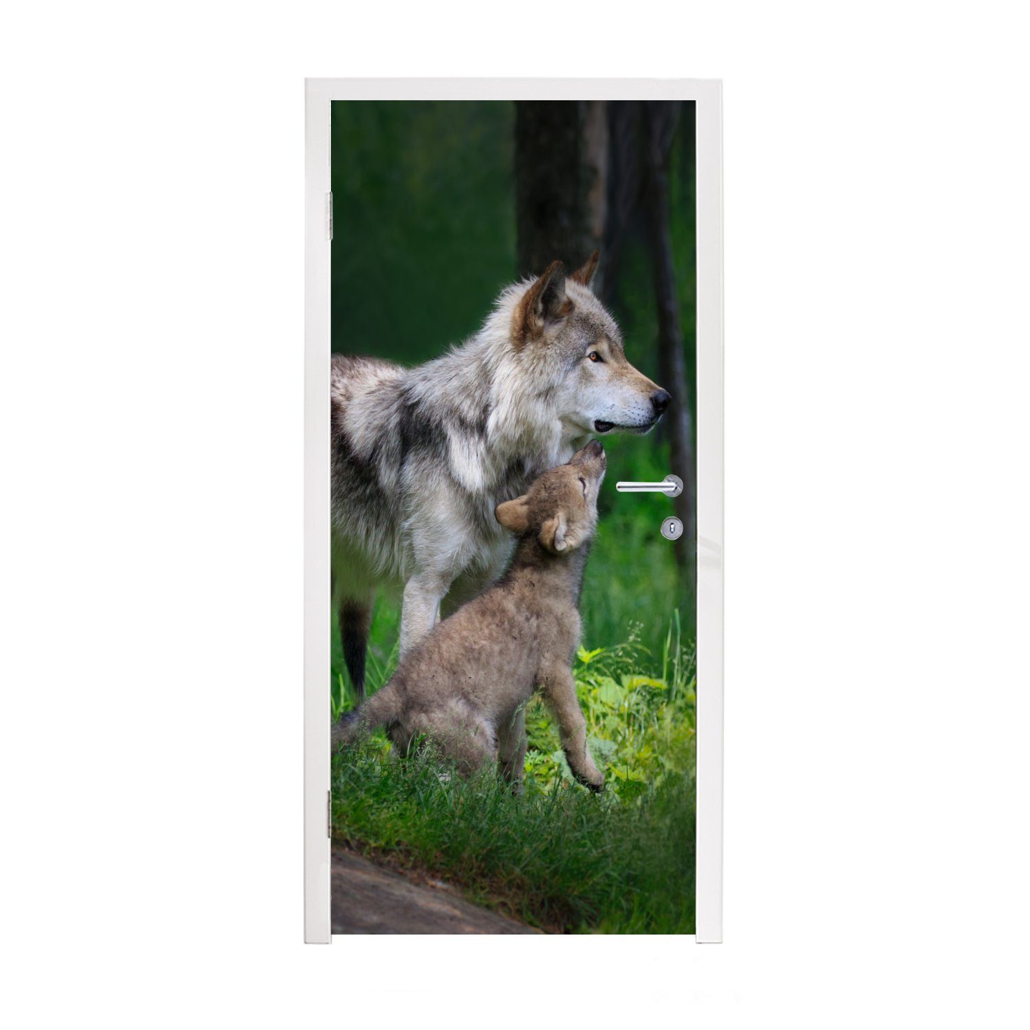 MuchoWow Türtapete Wolf - Baby - Wald, Matt, bedruckt, (1 St), Fototapete für Tür, Türaufkleber, 75x205 cm