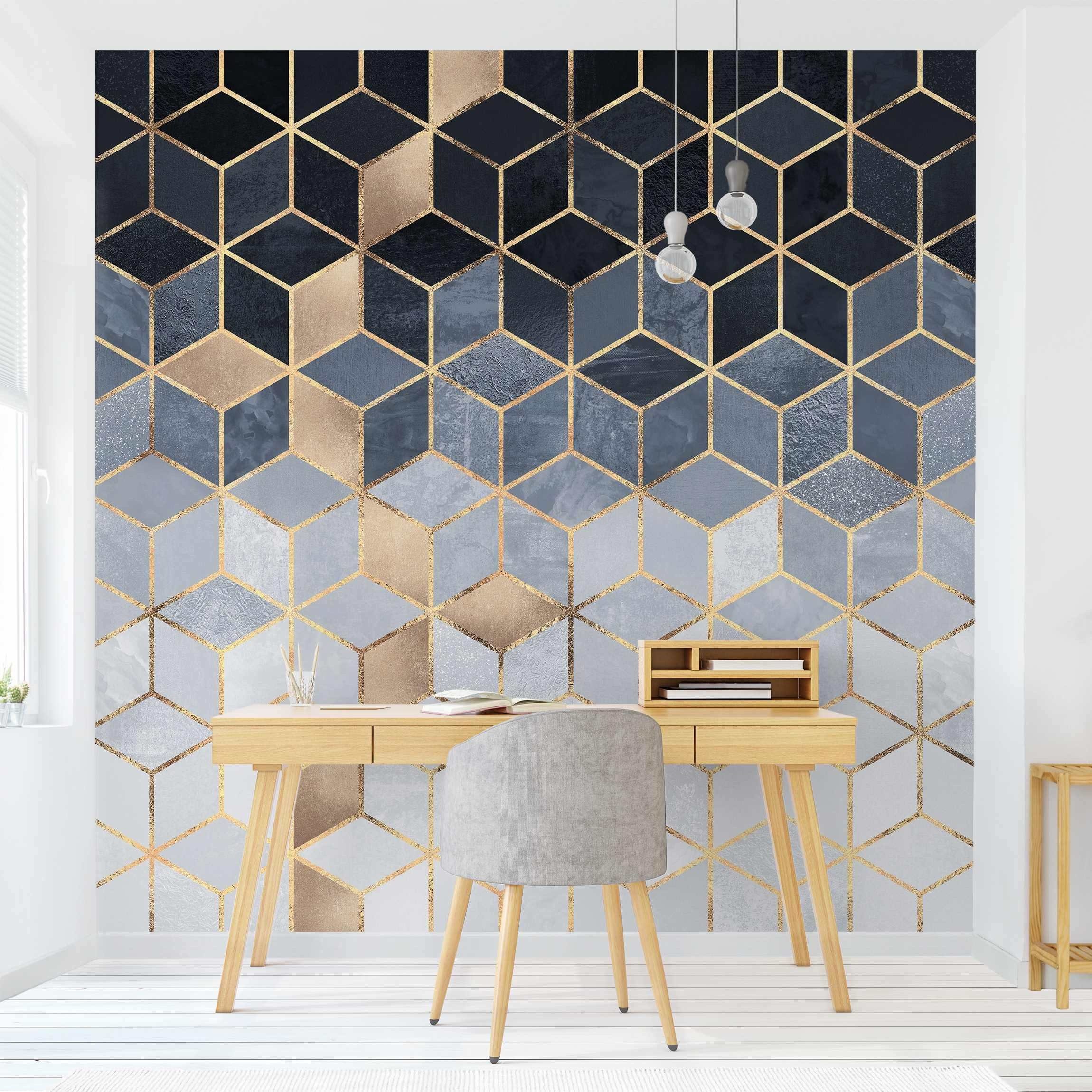 Bilderdepot24 Vliestapete Abstrakt Blau Weiß goldene Geometrie Tapete Wanddeko Modern Kunst, Glatt, Matt, (Vliestapete inkl. Kleister oder selbstklebend), Wohnzimmer Schlafzimmer Küche Flur Fototapete Motivtapete Wandtapete