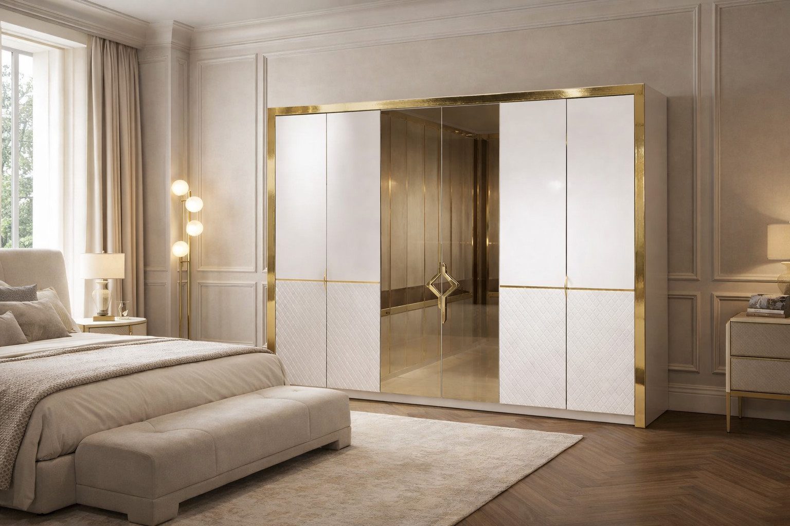JVmoebel Kleiderschrank Eleganter Kleiderschrank mit Spiegel und Goldrahmen Sofort