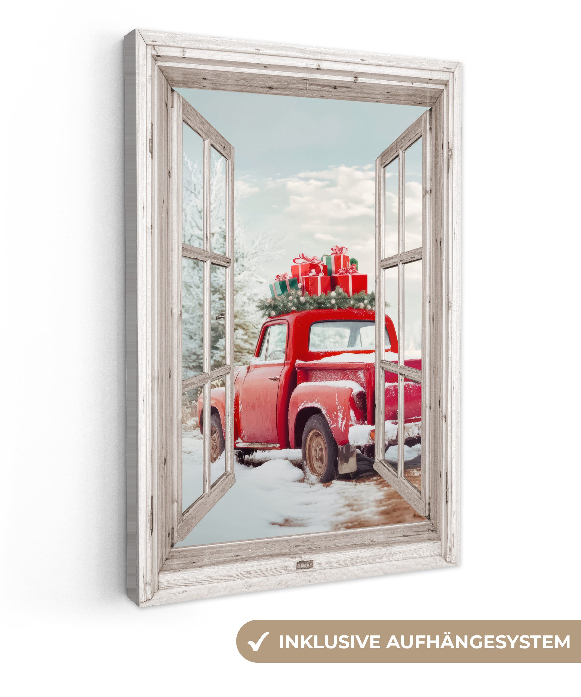 OneMillionCanvasses® Leinwandbild Auto - Rot - Winter - Weihnachten - Fenst günstig online kaufen