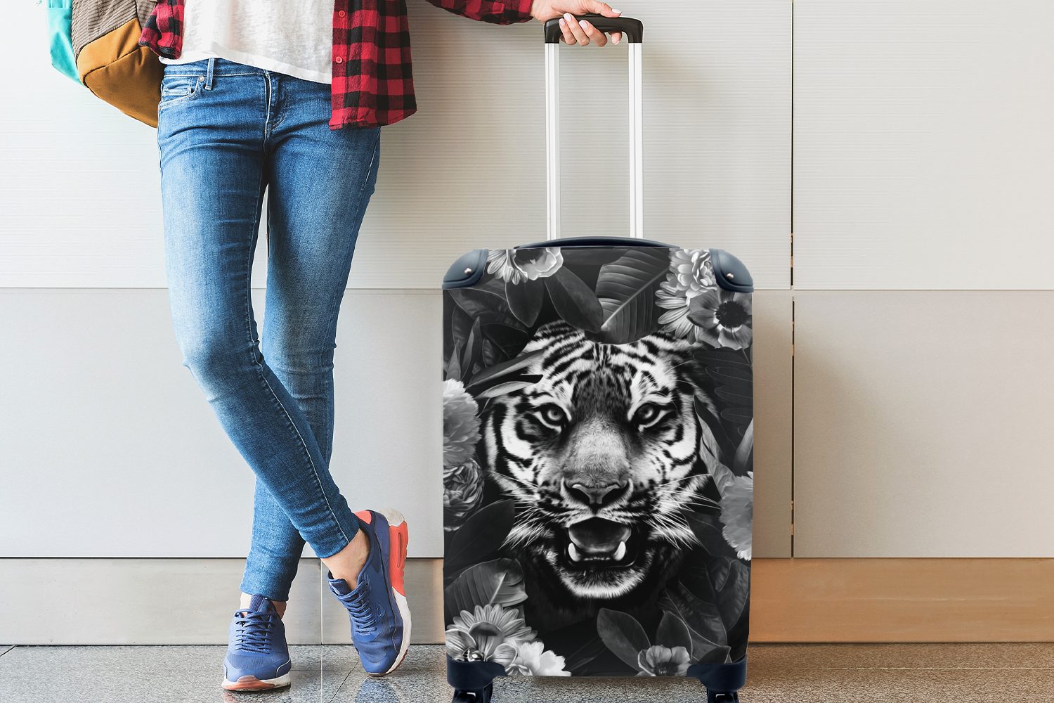 Reisekoffer und Handgepäck mit Handgepäckkoffer 4 Ferien, Tigerkopf Blumen zwischen - MuchoWow weiß, für schwarz Rollen, Reisetasche rollen, Trolley,