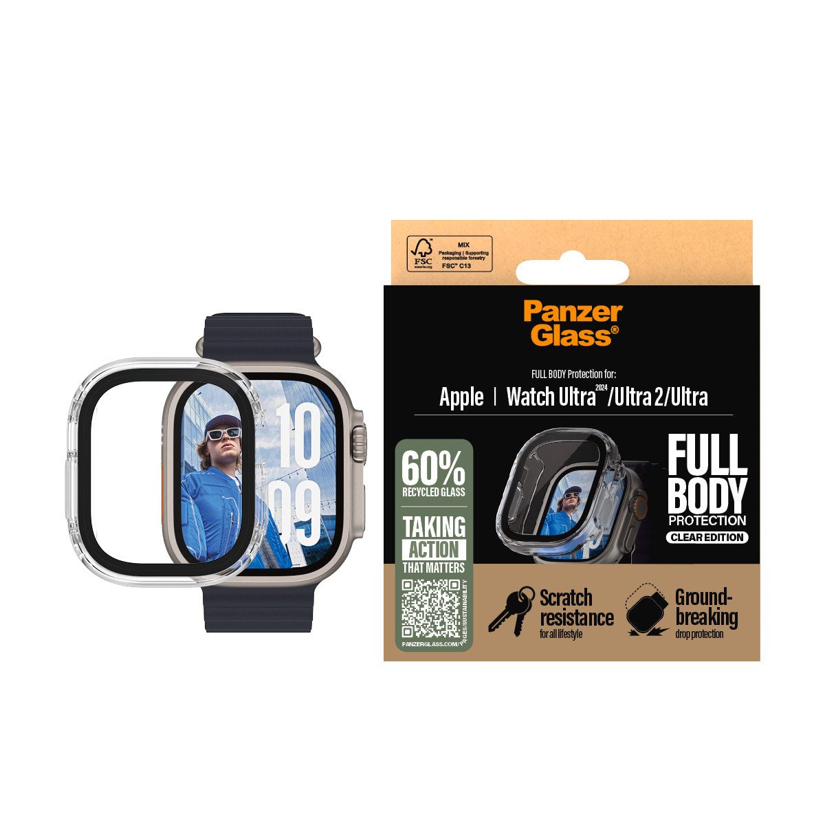 CARE by PanzerGlass Displayschutzglas Full Body Protection für Apple Watch Ultra, Apple Watch Ultra 2, Displayschutzfolie, Schutzfolie, Bildschirmschutz, kratz- & stoßfest