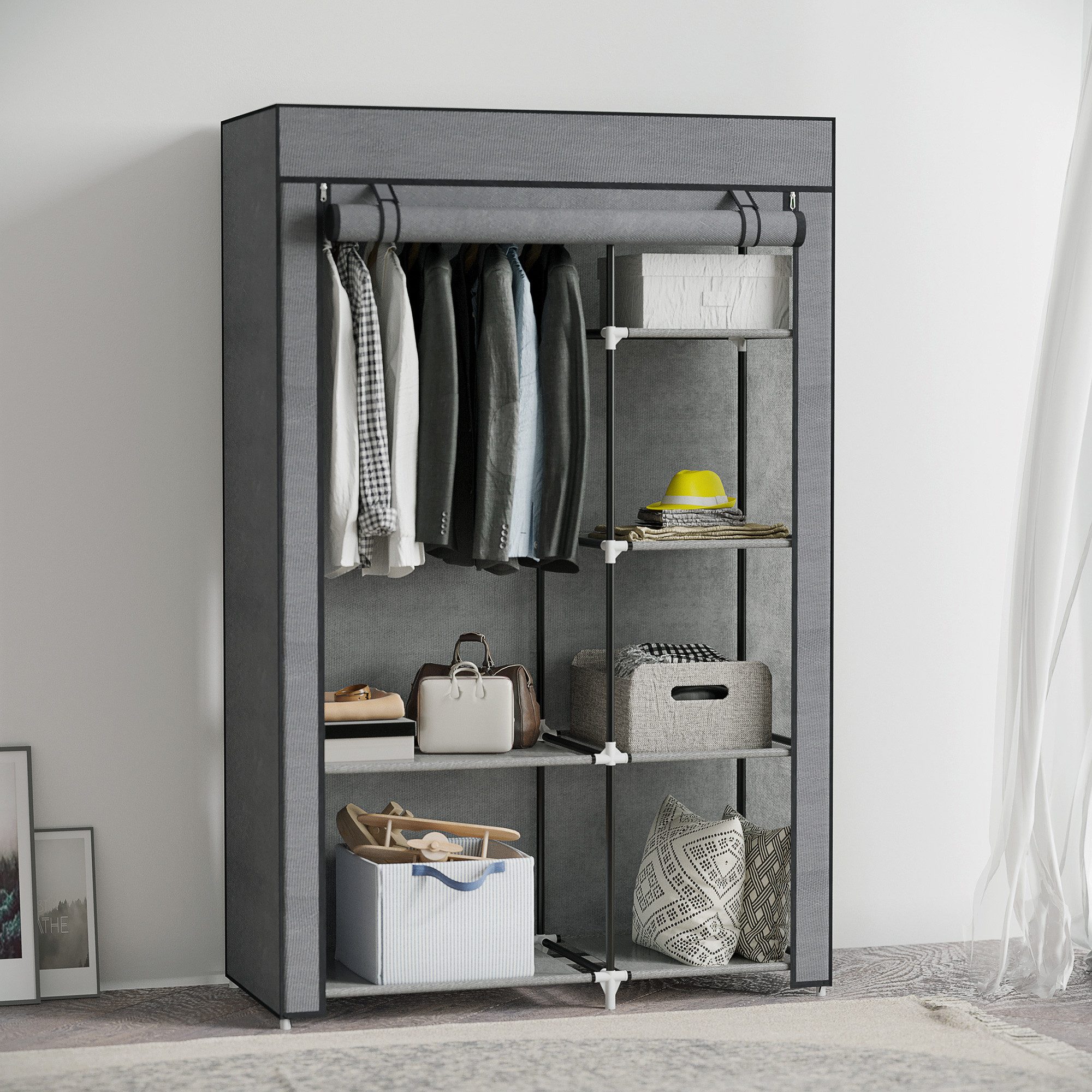 HOMCOM Stoffschrank Kleiderschrank mit 6 Ablagen und Kleiderstange (Faltbare Garderobe in Vlies-Optik, 1-St., Faltschrank für Schlafzimmer, Flur) Dunkelgrau, 103 x 43 x 162,5 cm