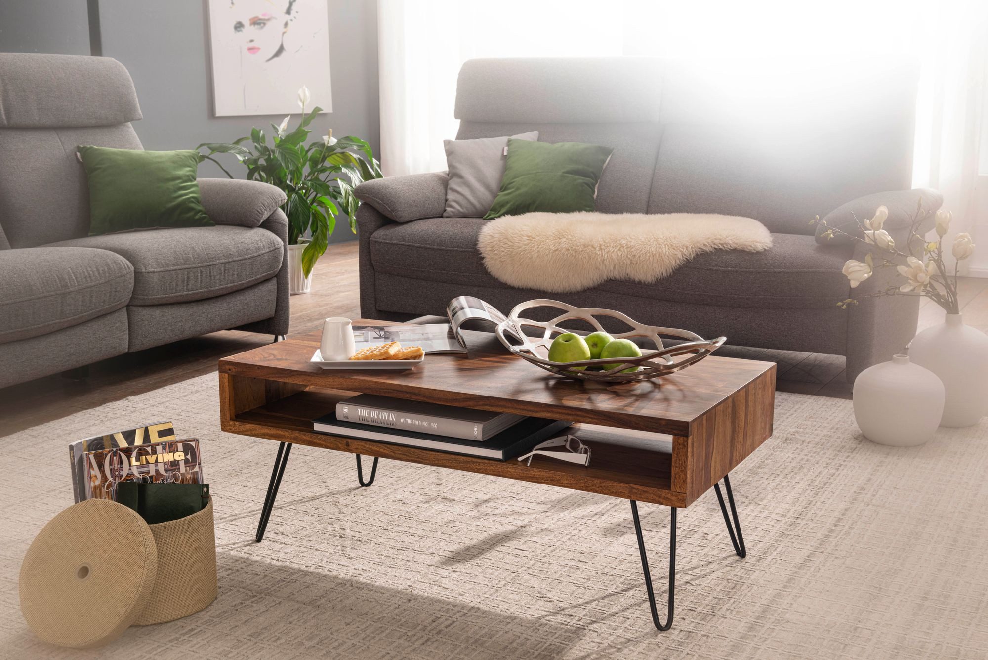 furnicato Couchtisch Massivholz, Walnuss Finish 100x40x50 cm Braun (1-St)