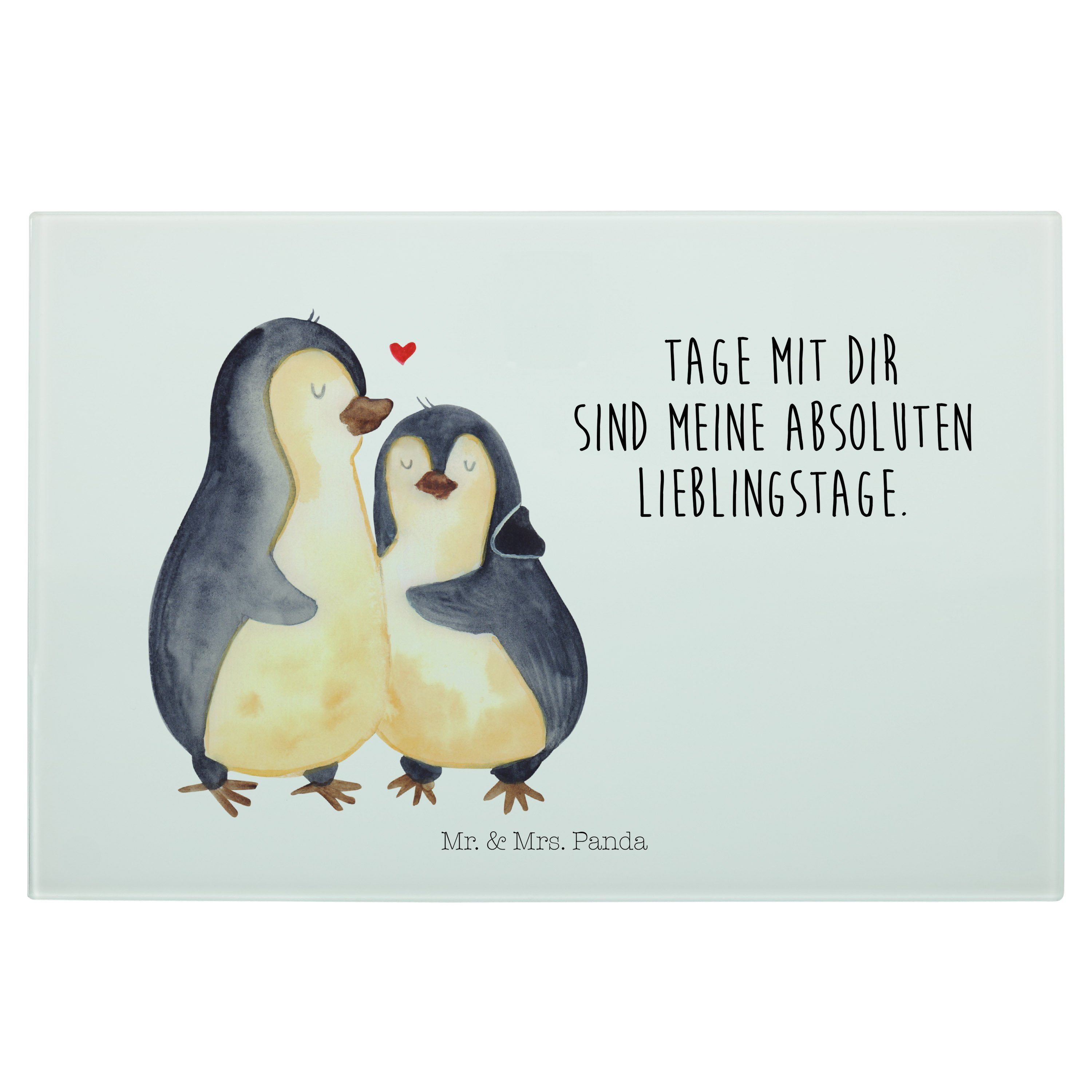 Mr. & Mrs. Panda Servierbrett Pinguin umarmen, Küchenbrett, Weiß, Glasbrettchen, schneidbrett, Umar, Premium Glas, (Packung, 1-St)