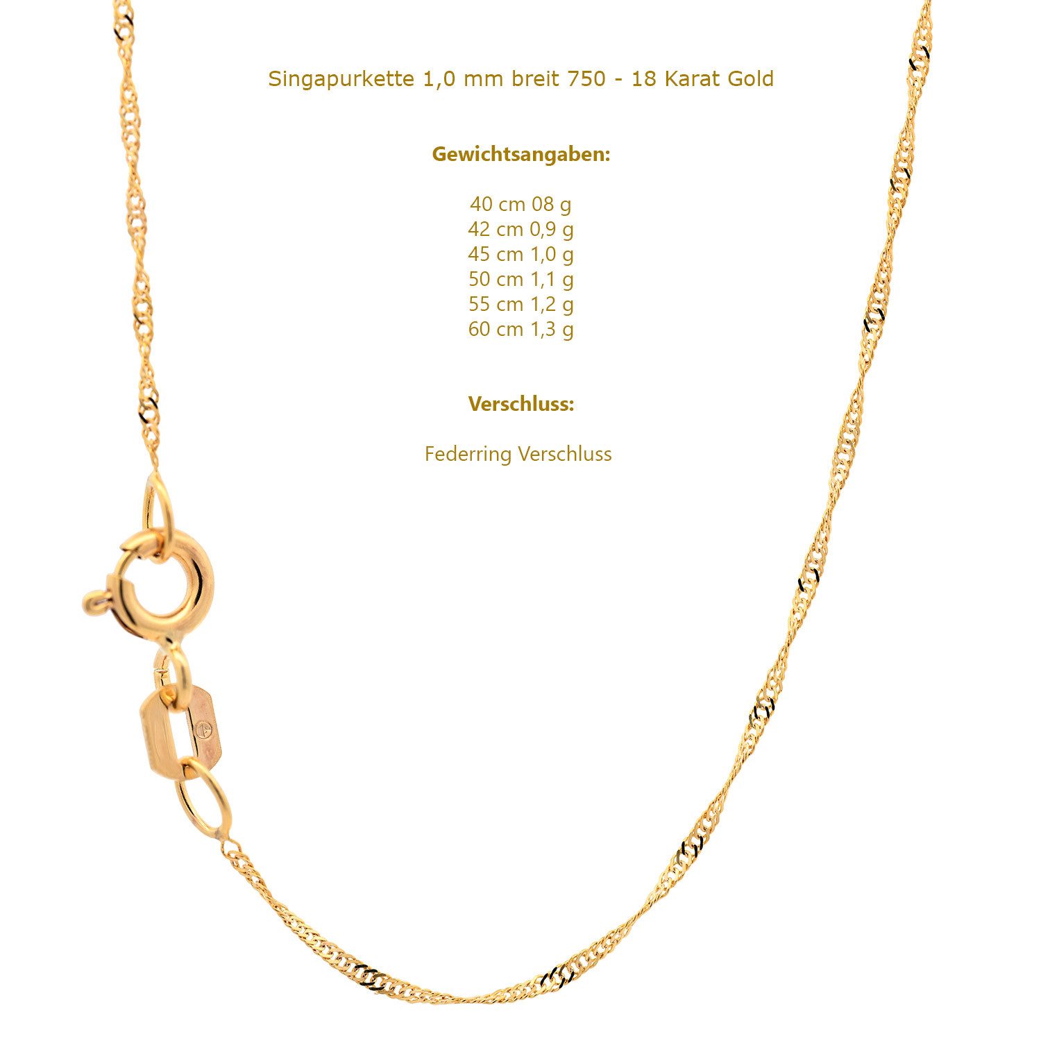 HOPLO Goldkette Goldkette Singapurkette Halskette 1,0 mm 40 cm 750 - 18 Karat Gold, Made in Germany – Bild 5 von 5