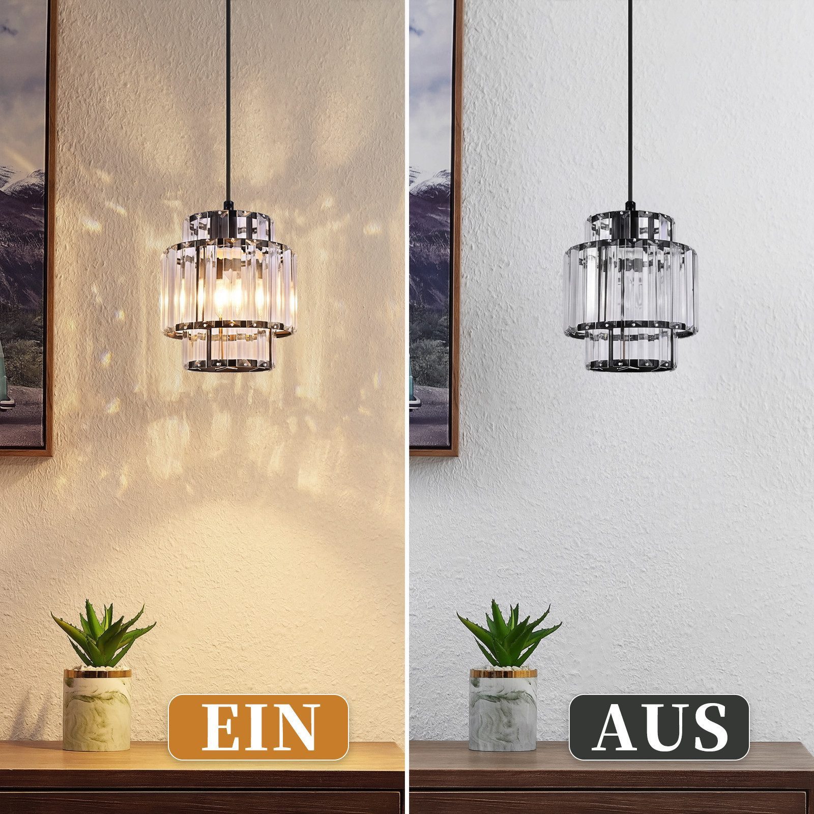ZMH Pendelleuchte 1 Flammig E27 Hängelampe Esstisch Kristall Schwarz Pendellampe, ohne Leuchtmittel, Modern Pendellampe Höhenverstellbar H 143cm für Küche & Esszimmer