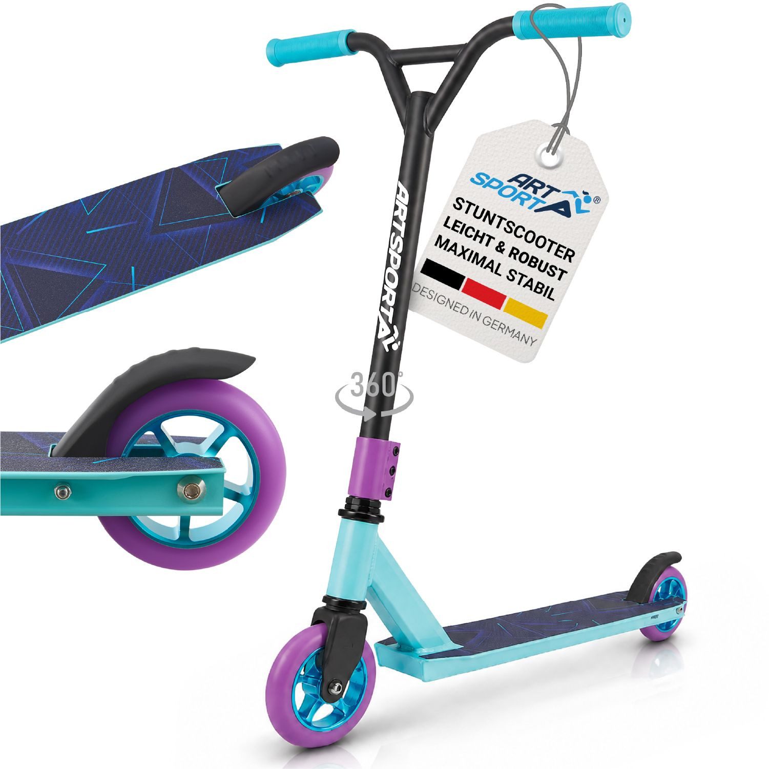 ArtSport Stuntscooter Retro Purple, Alu Core, 360°-Lenker mit TPR-Grips, stabil und leicht
