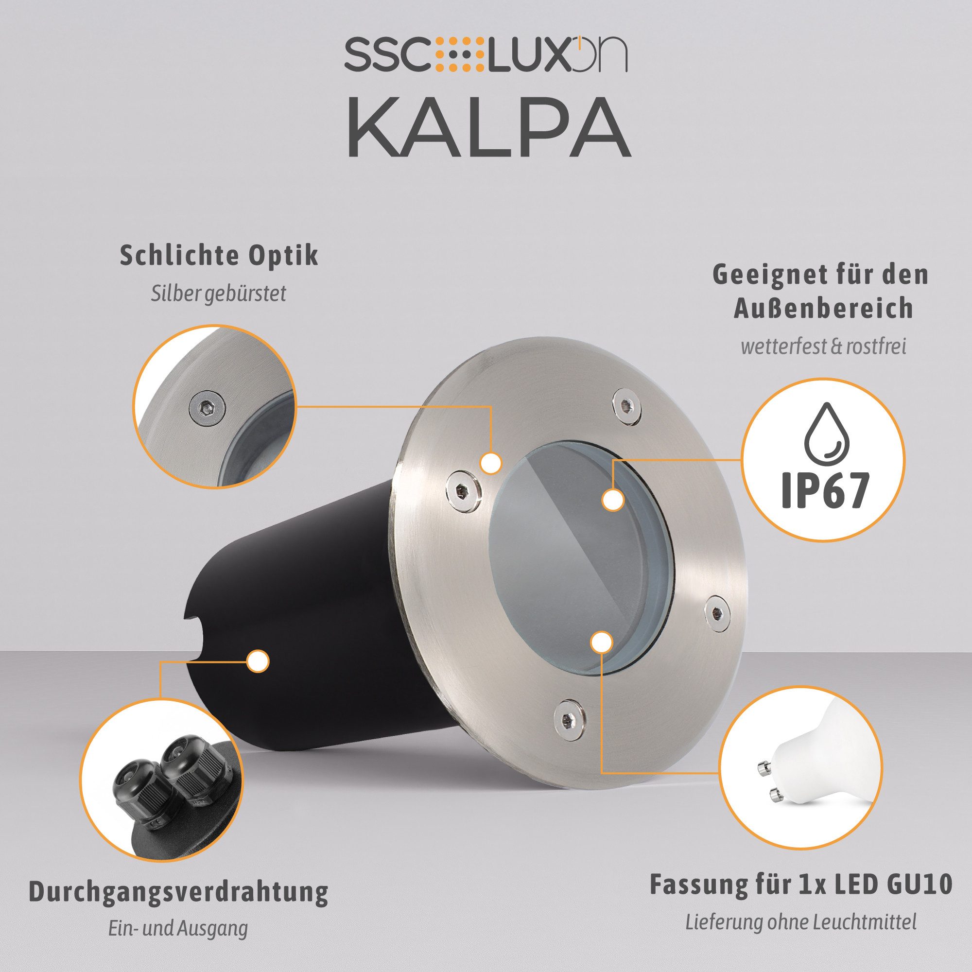 SSC-LUXon LED Gartenstrahler Bodeneinbauleuchte KALPA rund silber IP67 ohne Leuchtmittel, ohne Leuchtmittel
