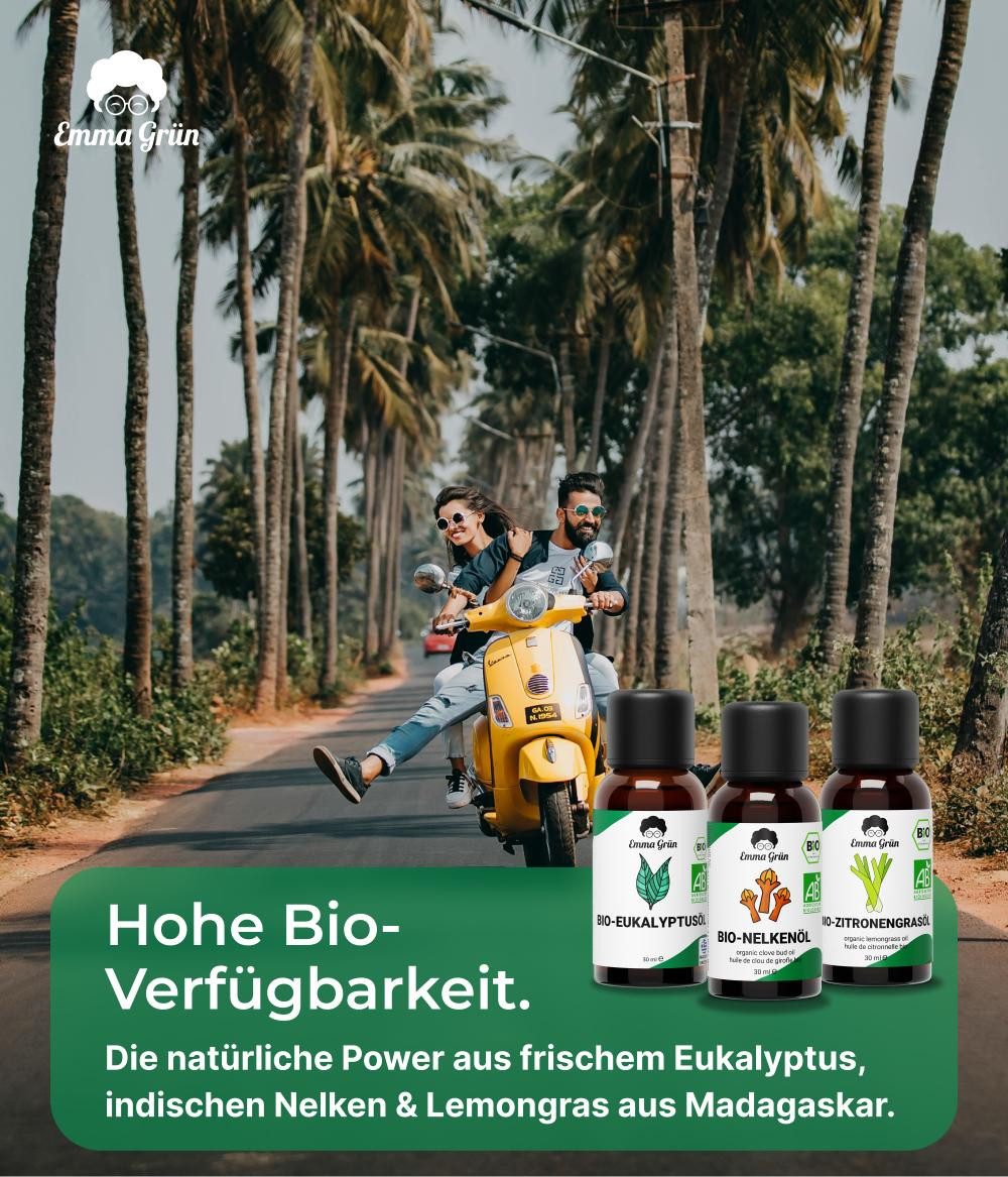 Emma Grün Duftöl um die Welt Maxi-Set mit 3 besonderen Bio Ölen (Maxi-Set, 1x Eukalyptus- 30 ml, 1x Zitronengras- 30 ml, 1x Nelkenöl 30 ml), Höchste Bio-Zertifizierung als Lebensmittel, naturrein & ohne Zusätze