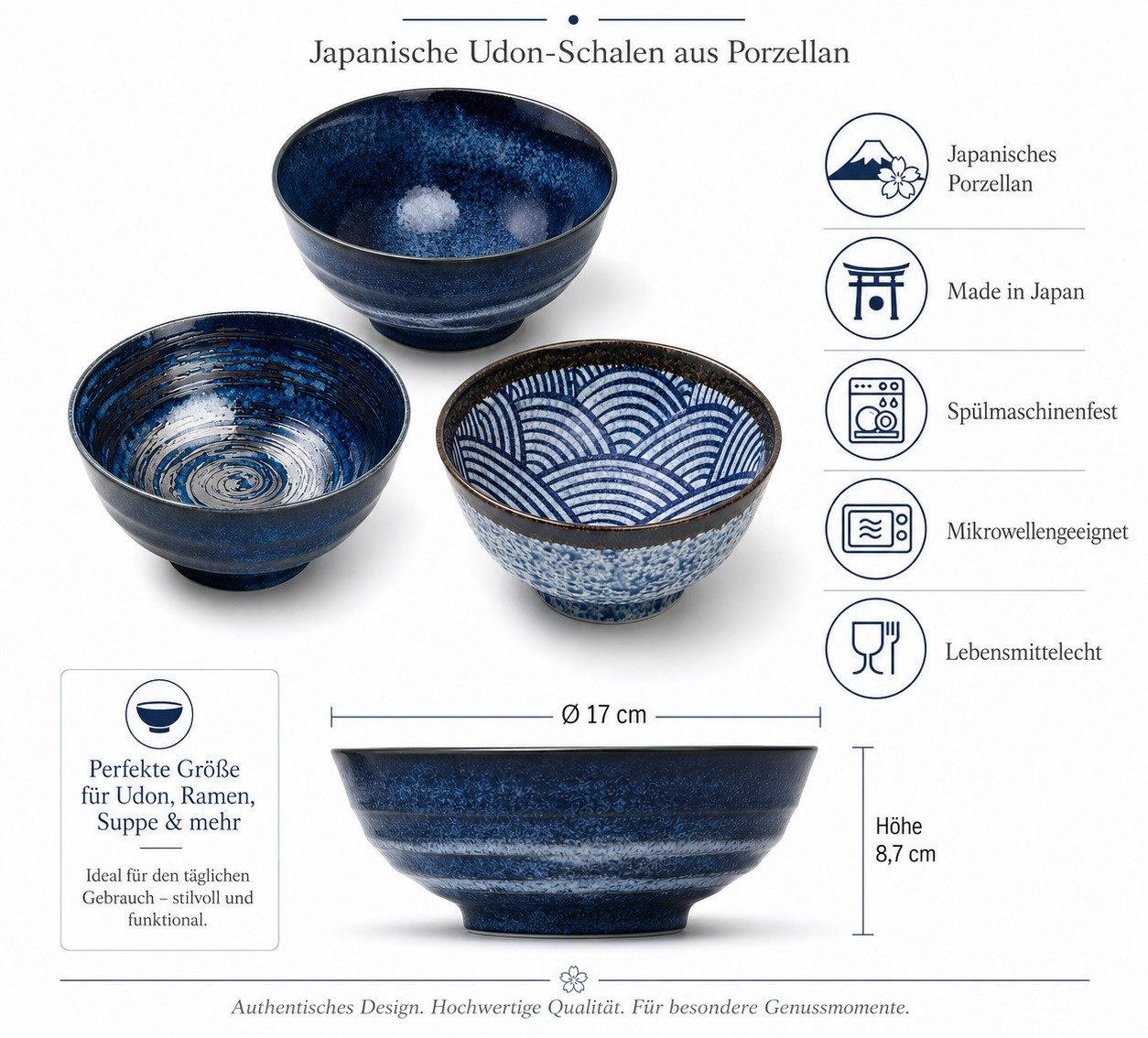WestCraft Suppenschale Japanische Udon Schalen – Ramen & Soba Bowls aus Porzellan, 17 cm, Porzellan, (1-tlg), Made in Japan, besondere Glasur und Form, einzeln oder als Set