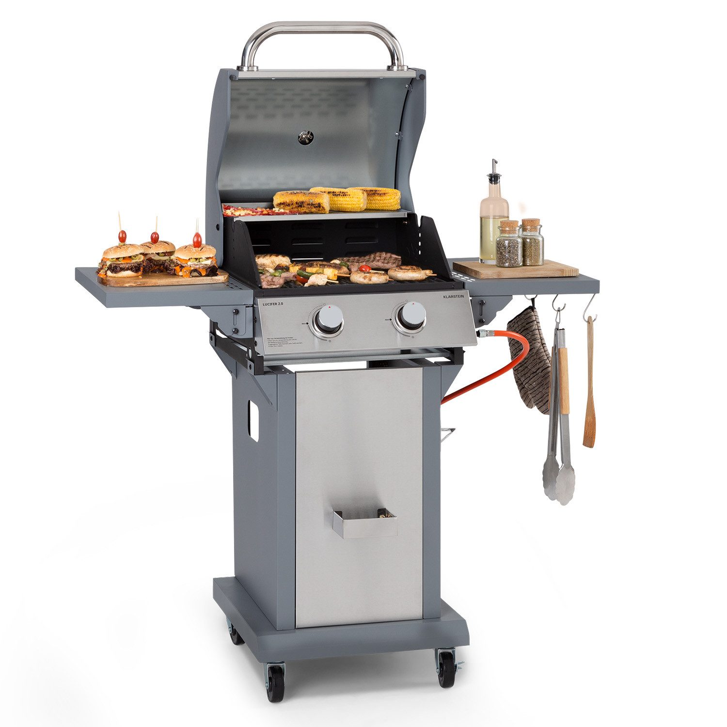 Klarstein Gasgrill Lucifer, Kombi-Set, Set, Gas Grill Smoker BBQ Edelstahl 2 Brenner Garten Mobil