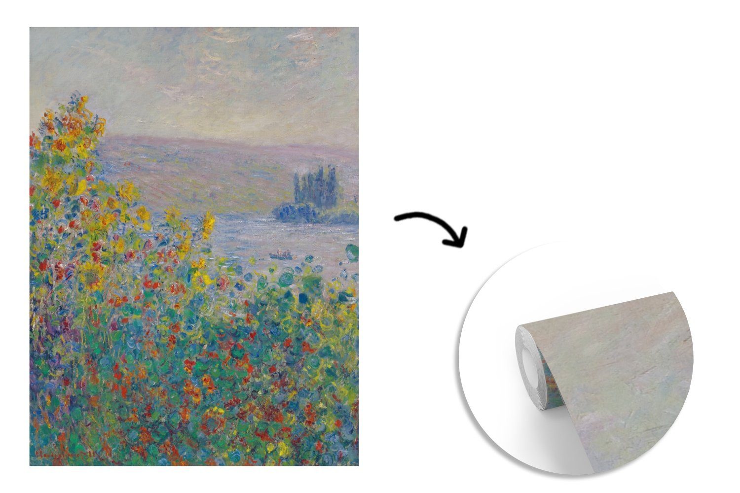 MuchoWow Fototapete Blumenbeete Schlafzimmer (3 Gemälde Fototapete in Claude Küche, Monet, Wohnzimmer für St), Matt, - bedruckt, Vetheuil von Vliestapete