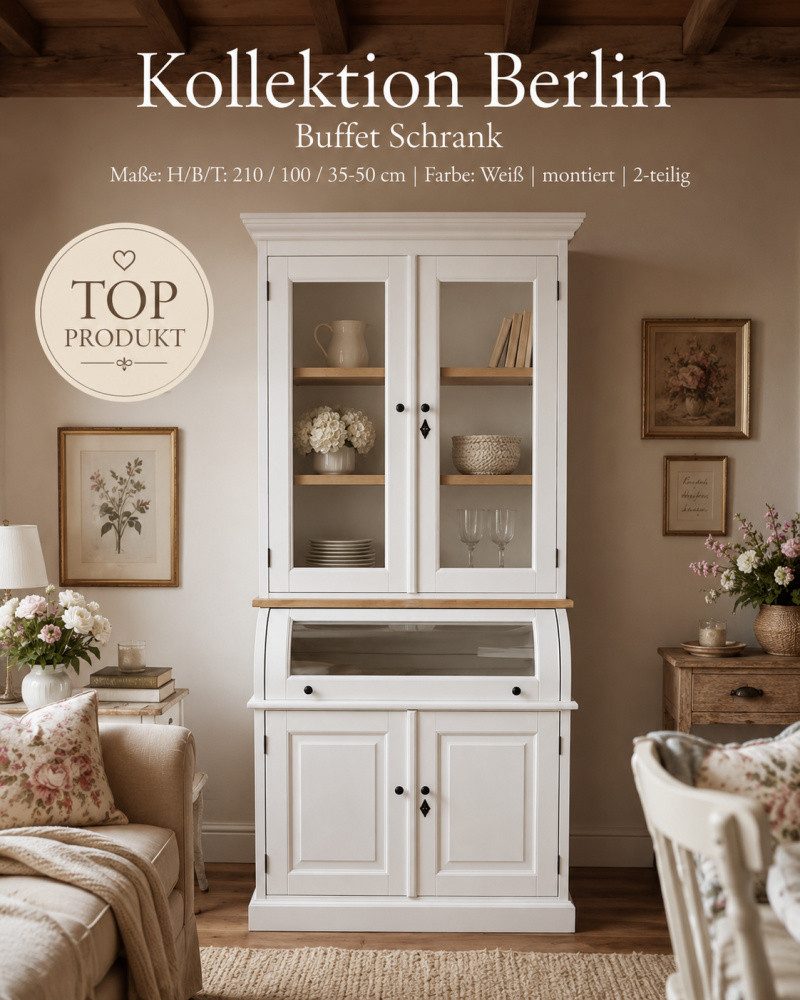 Wohnpalast Buffet Buffet Schrank Berlin 100 cm mit Eiche weiß Landhaus- Stil