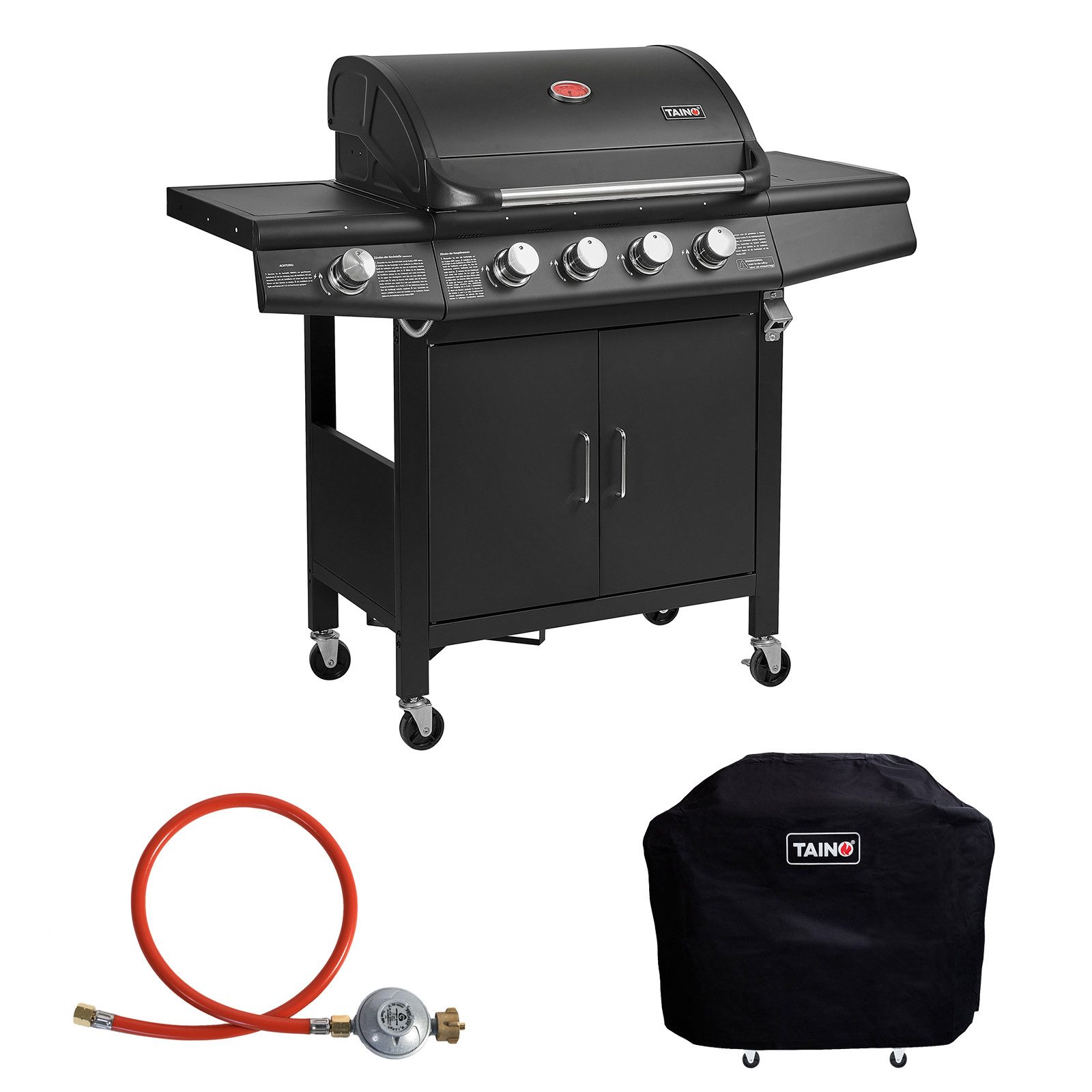 TAINO Gasgrill RED 4 +1, Gasgrill inkl. Abdeckhaube und Gasdruckminderer mit Schlauch, Standgrill, Edelstahl-Brenner, Gas-Flaschenhalter