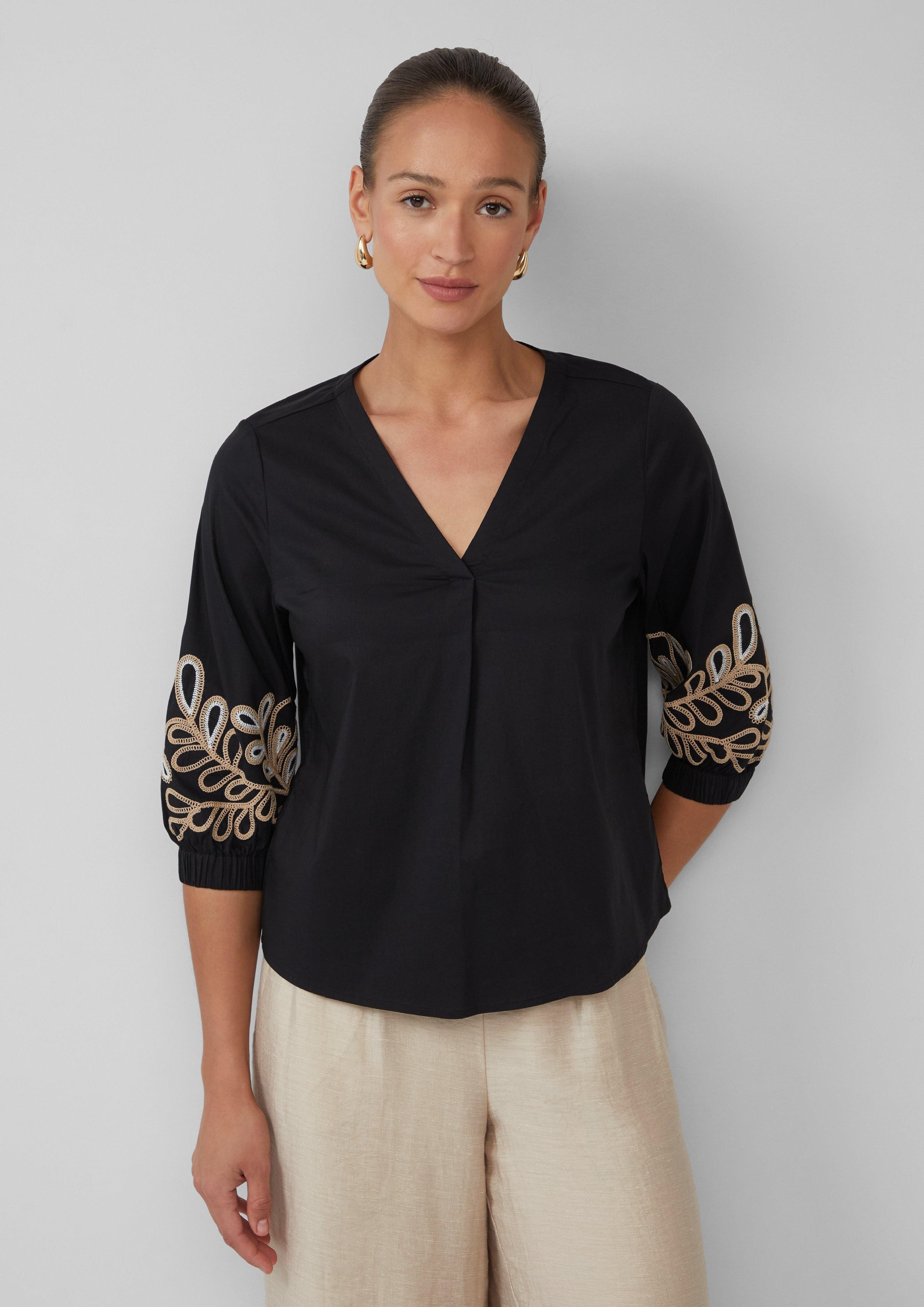 Langarmbluse Popeline-Bluse mit Stickerei und 3/4-Ärmeln