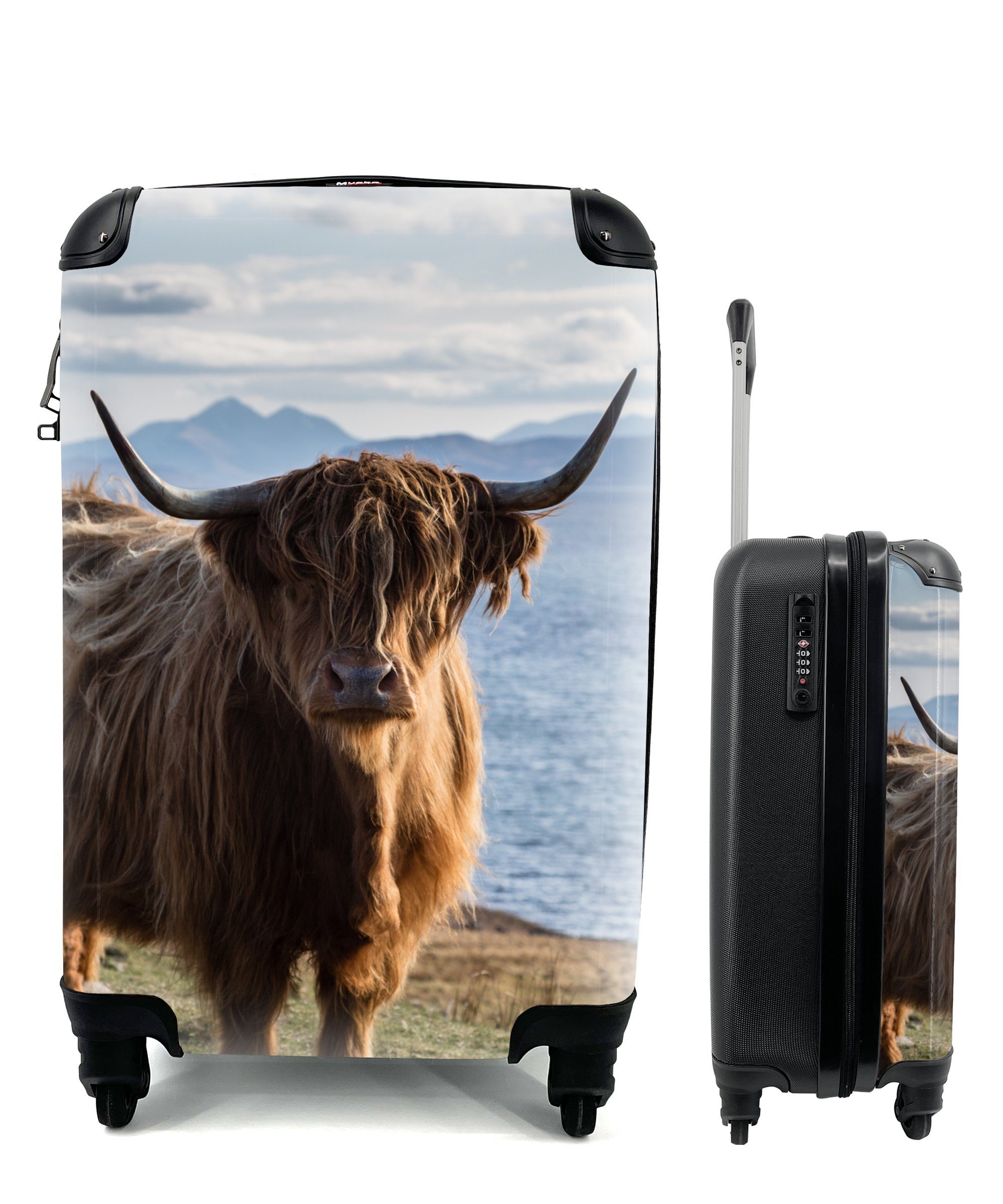 MuchoWow Handgepäckkoffer Schottische Highlander - Bergen - Meer, 4 Rollen, Reisetasche mit rollen, Handgepäck für Ferien, Trolley, Reisekoffer